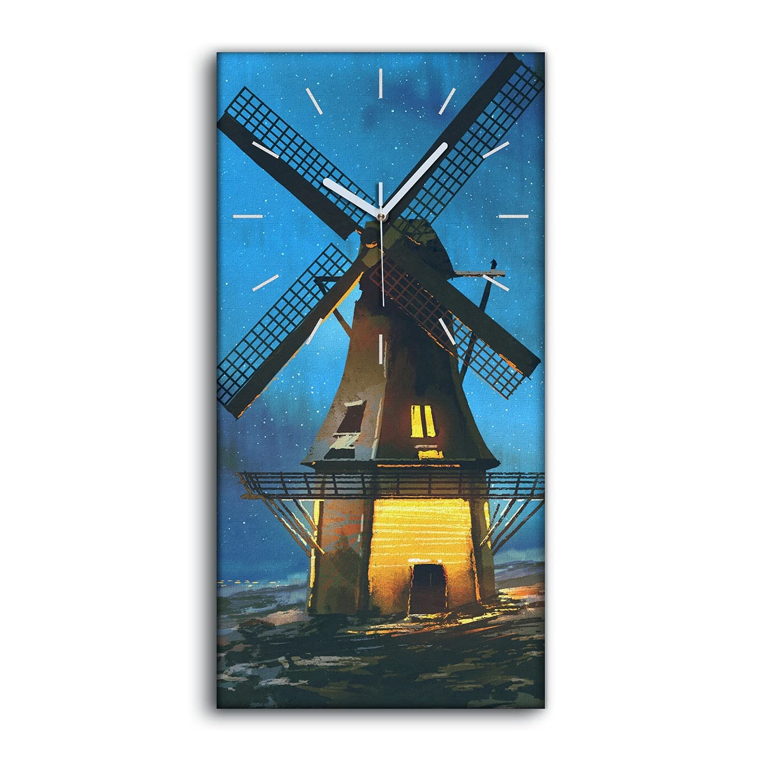 Horloge sur toile paysage de nuit moulin à vent art mural salon 30x60