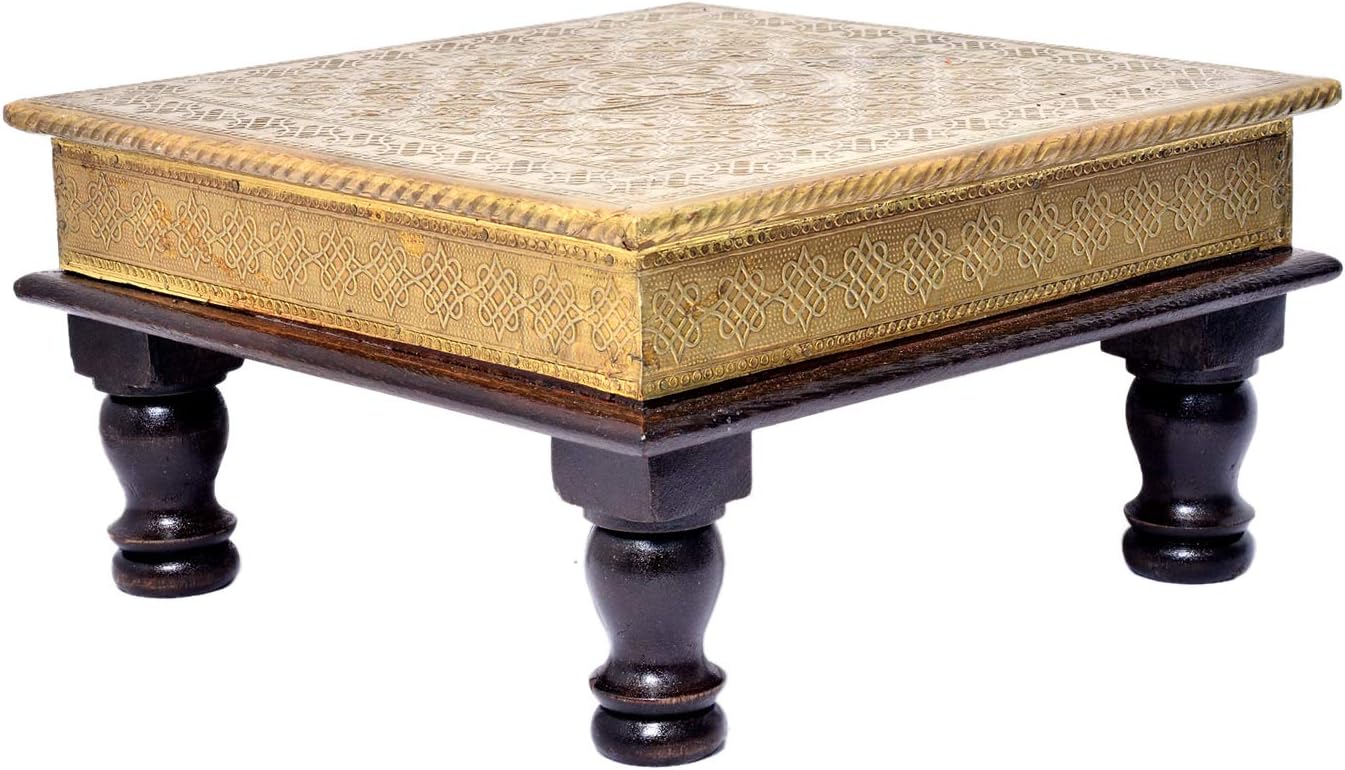 Wooden Hand Made Brass FTD Bajot Chowki Chaurang Patli Pooja Small Table Stool for Daily Prayers