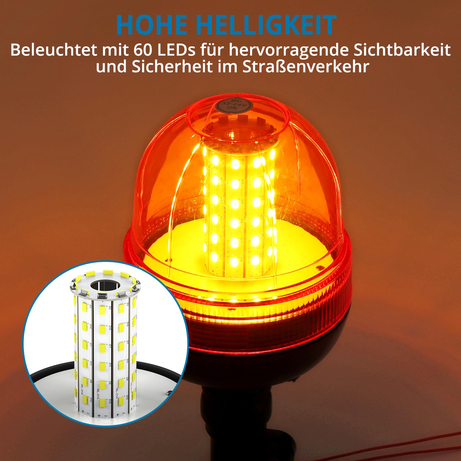 AUTOUTLET 2X Rundumleuchte, 60 LED Warnleuchten Amber Rundumkennleuchte Blinkleuchte 12V/24V, mit 3 Beleuchtungsmodi, R10 E9 Straßenverkehr Zulassung, Wasserdicht Staubdicht, für Traktor LKW PKW