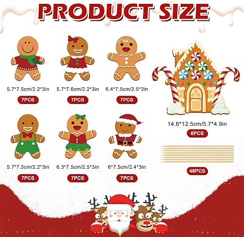 Miniatura 2 de 48 adornos de Navidad para cupcakes con palos y punta de pegamento, 7 diseños de hombre de jengibre, lindos adornos de comida de Navidad para
