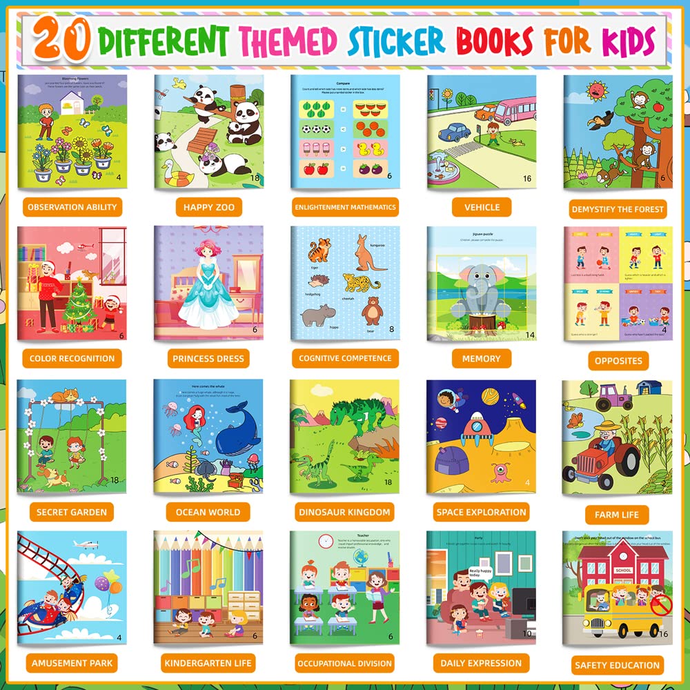 Felly Lot de 20 Livres D'autocollants Réutilisables pour Enfant, Montessori 2-6 Ans Jouet, Quiet Book, Jeux Educatif Enfant 2 3 4 5 6 Ans, Busy Book Livre Bebe