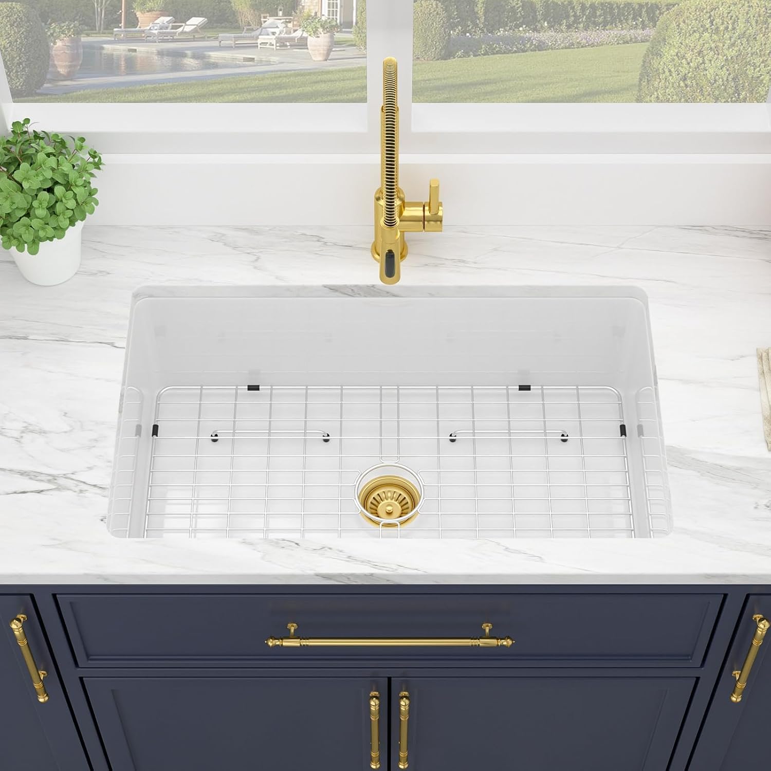 Kichae 30 Inch White Undermount Sink Fireclay 30x18 Inch Dual Drop in & Undermount Kitchen Sink Porcelain Ceramic Single Bowl Deep Basin