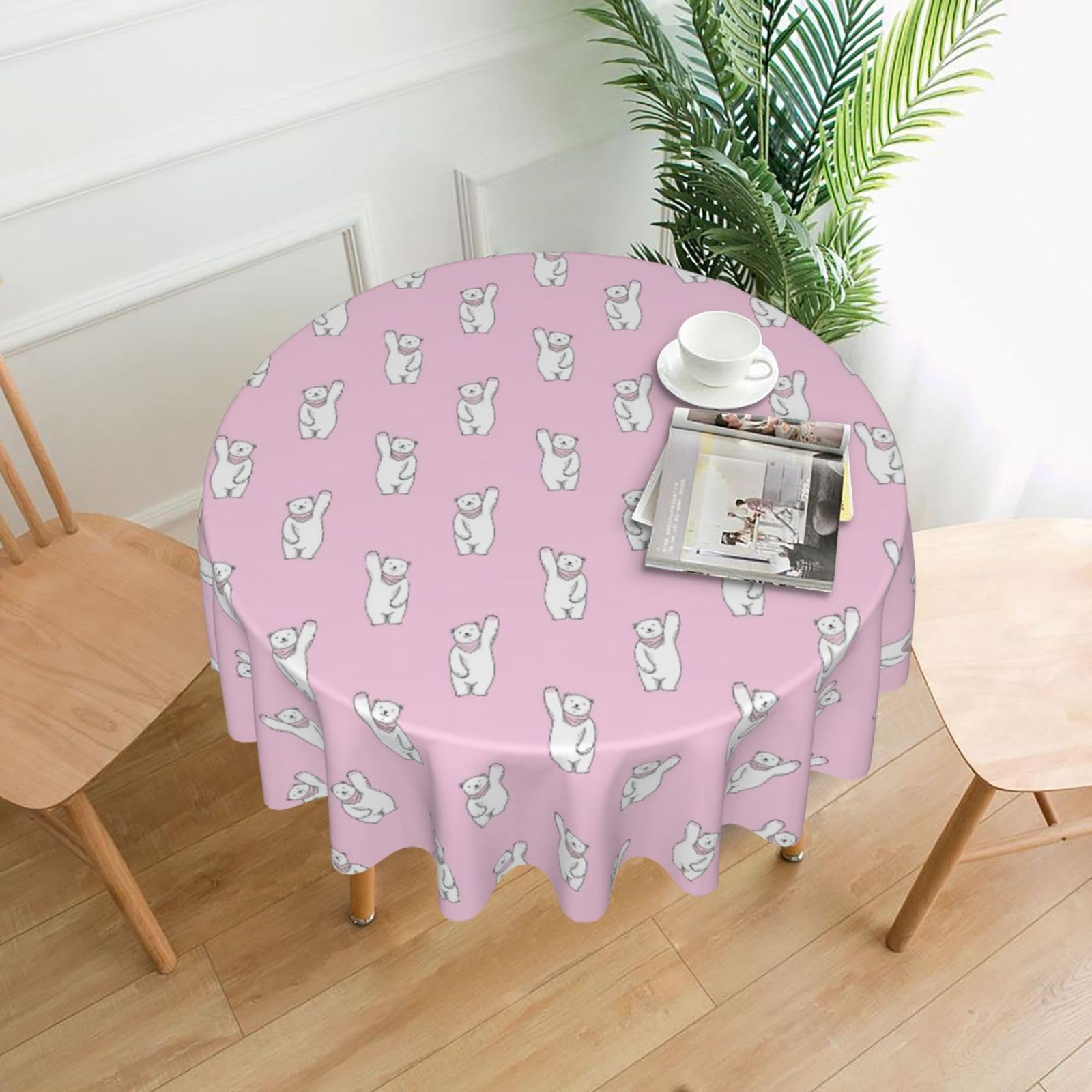 Zcmkjlg Polar Bear Pink Print Quick Ship Round Tablecloth 60in Polyester Washable Cover for Dining Room