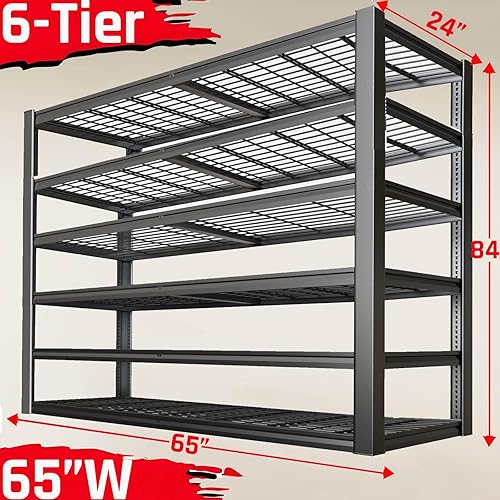 Miniatura 2 de Estantería de garaje resistente de 65 pulgadas de ancho, estantes de almacenamiento profundos de 6 niveles, estantes de garaje de metal negro