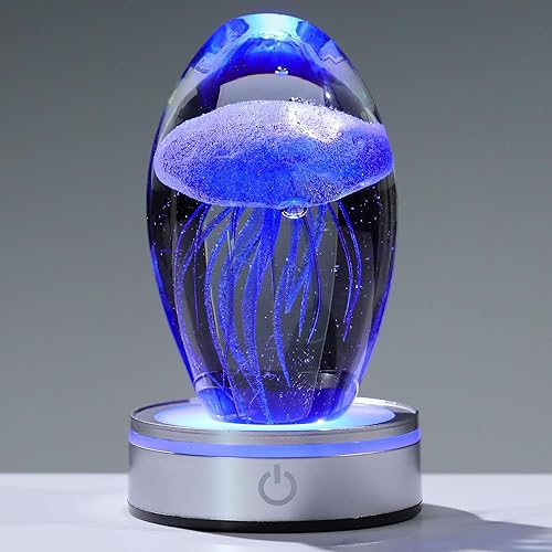 Enjinkail Lámpara de Medusas Hecha a Mano – Figura de Cristal de Vidrio Colorida con Luz LED Nocturna, Decoración de Escritorio con Tema Oceánico,