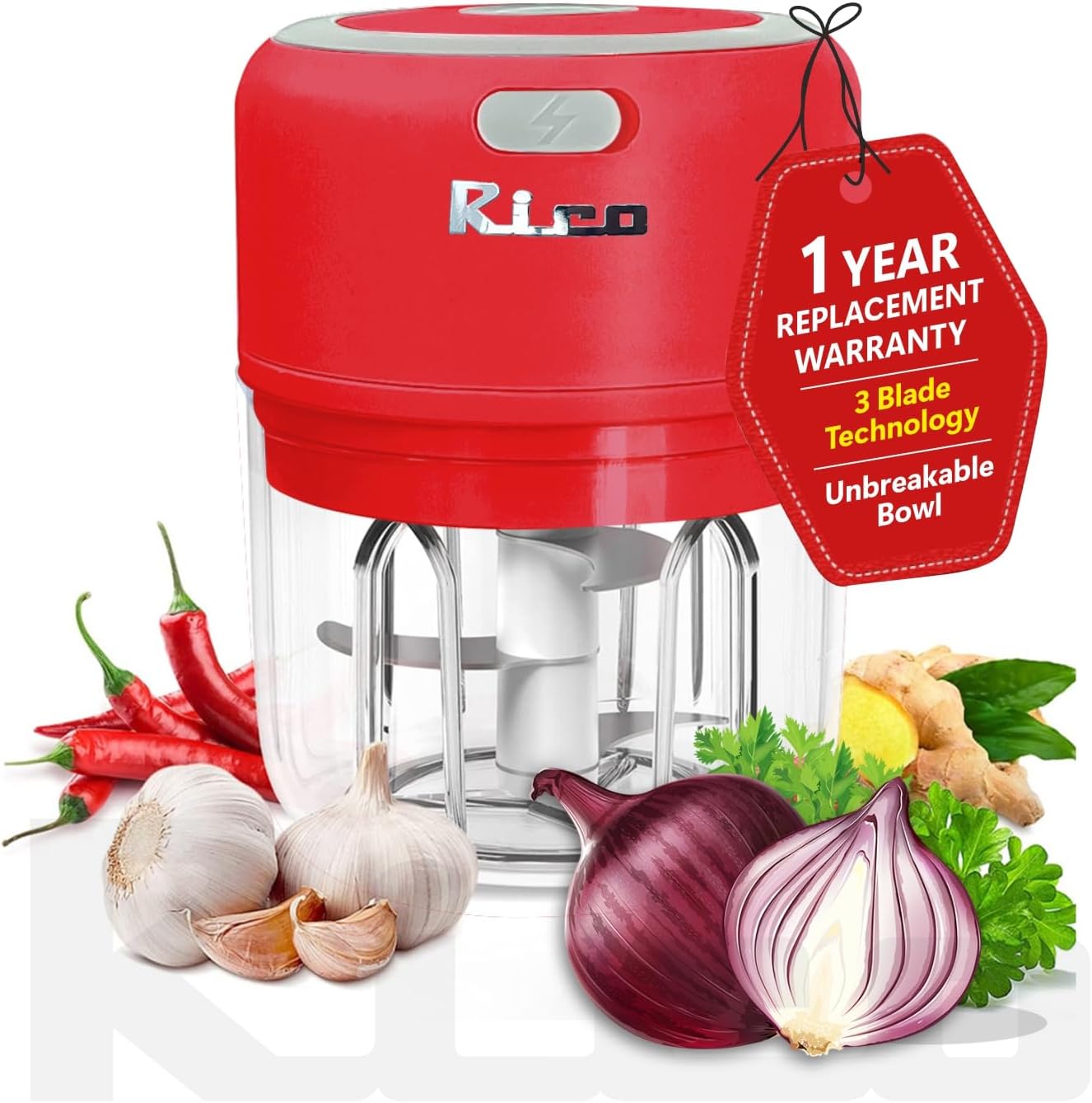 Rico Japanese Technology Wireless Mini Electric Chopper | 1 Year Replacement Warranty | Unbreakable Bowl| One Touch Operation| 10 Seconds for Mincing Garlic, Ginger, Onion, Vegetable, Meat - 250 ML