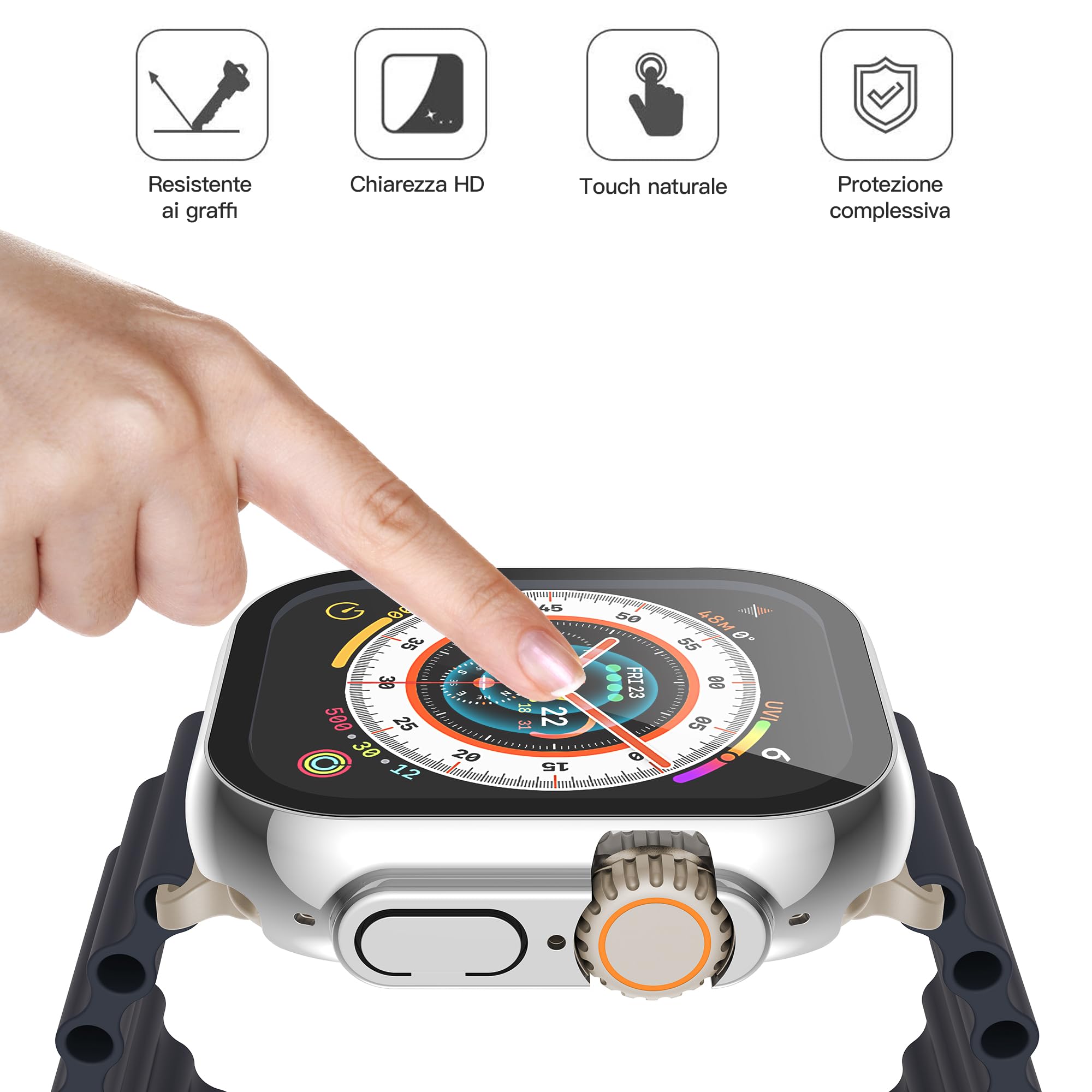 Misxi 2 Pezzi PC Cover con Protezione dello Schermo in Vetro Temperato Compatibile con Apple Watch Ultra 3 / Ultra 2 / Ultra 49mm, Custodia Leggera Anti-Caduta per iWatch, 1 Argento + 1 Trasparente