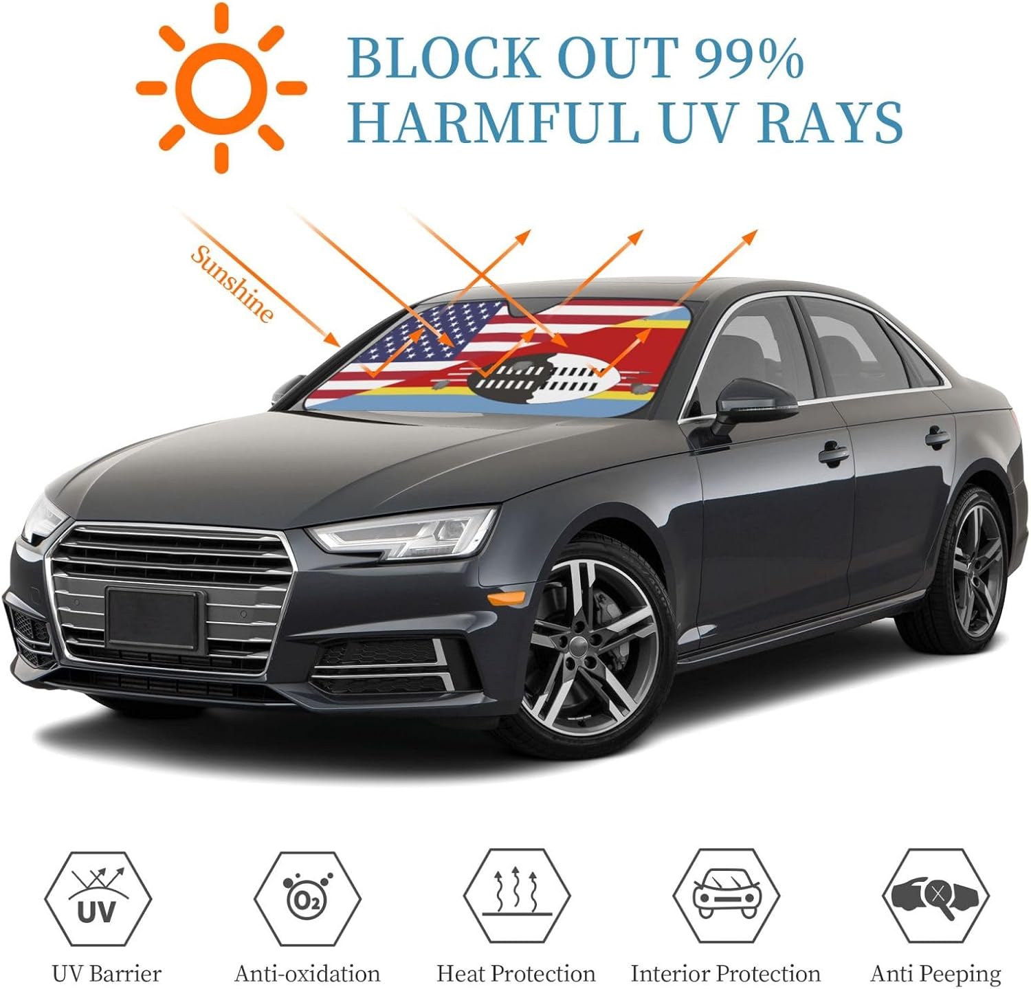 America Swaziland Friendship Flag Foldable Car Windshield Sunshade Blocks Heat and Sun Glare Uv Rays