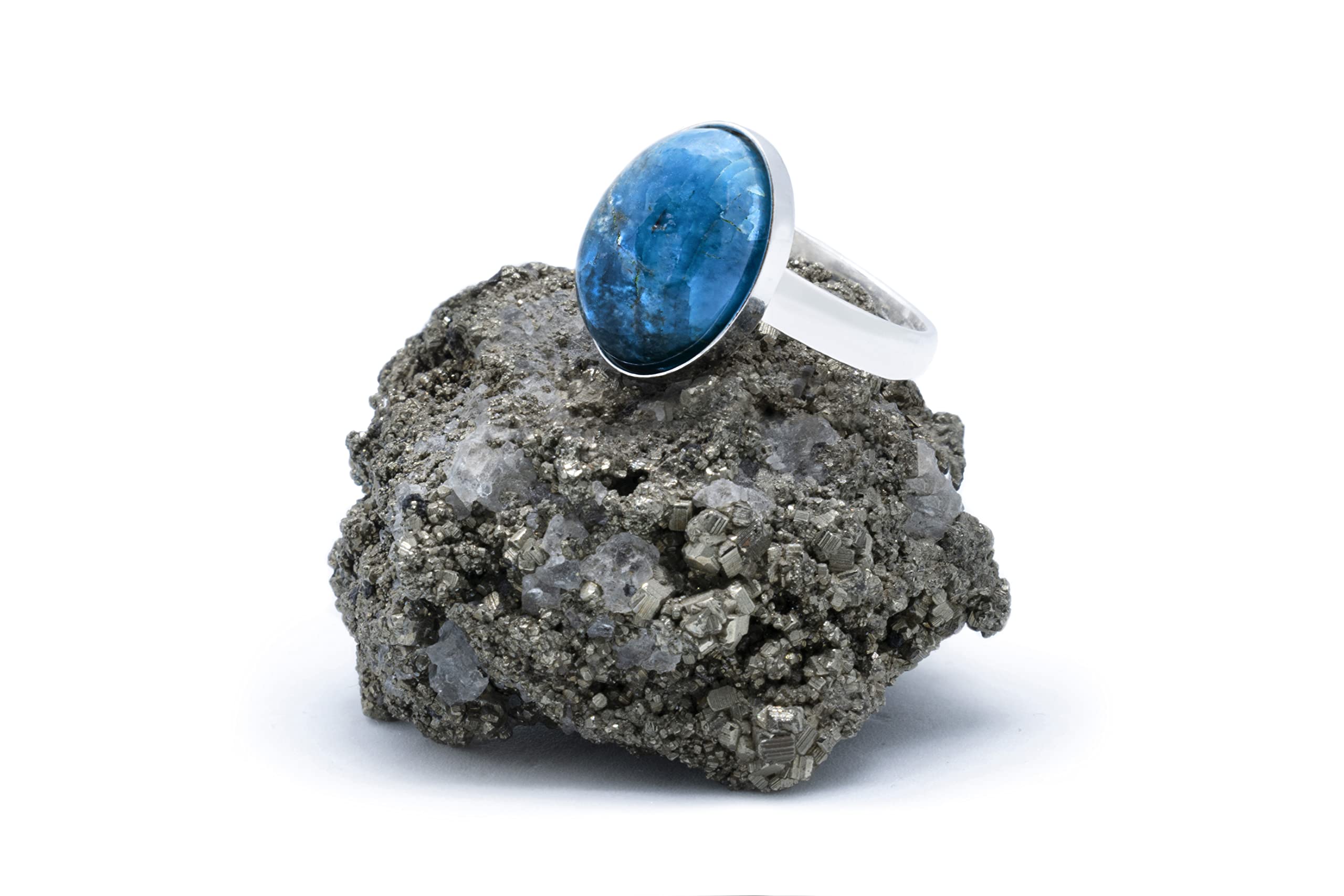 Anillo de Plata 925 con Apatito (Piedra Natural) 14x10mm - Disponible Anillo Ajustable, Tamaño de XS a XXXL, para Hombre, para Mujer - Caja Regalo Gratis