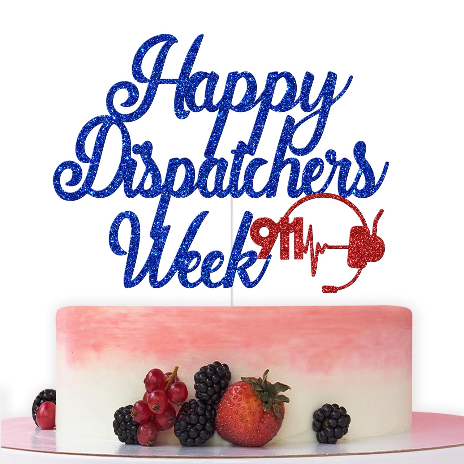 Happy Dispatchers Week 케이크 토퍼, 911 디스패처 파티 장식, 911 공공 안전 통신사 감사 주간 파티 장식, 블루 및 레드 글리터