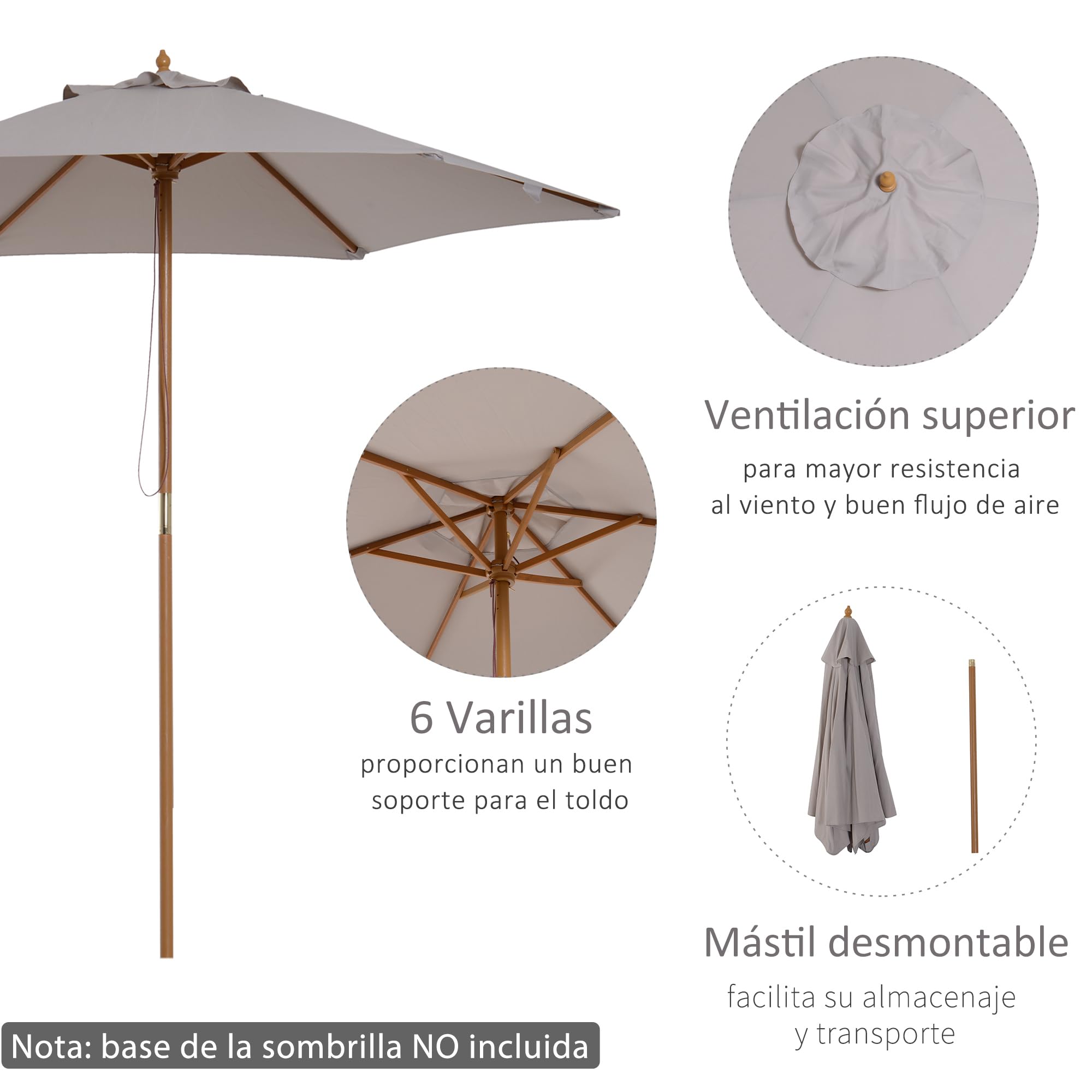 Outsunny Sombrilla de Jardín Ø250x230 cm Parasol de Terraza Gris | 6 Varillas, Poste Desmontable, Anti-UV, Impermeable, Marco de Madera, para Playa, Patio