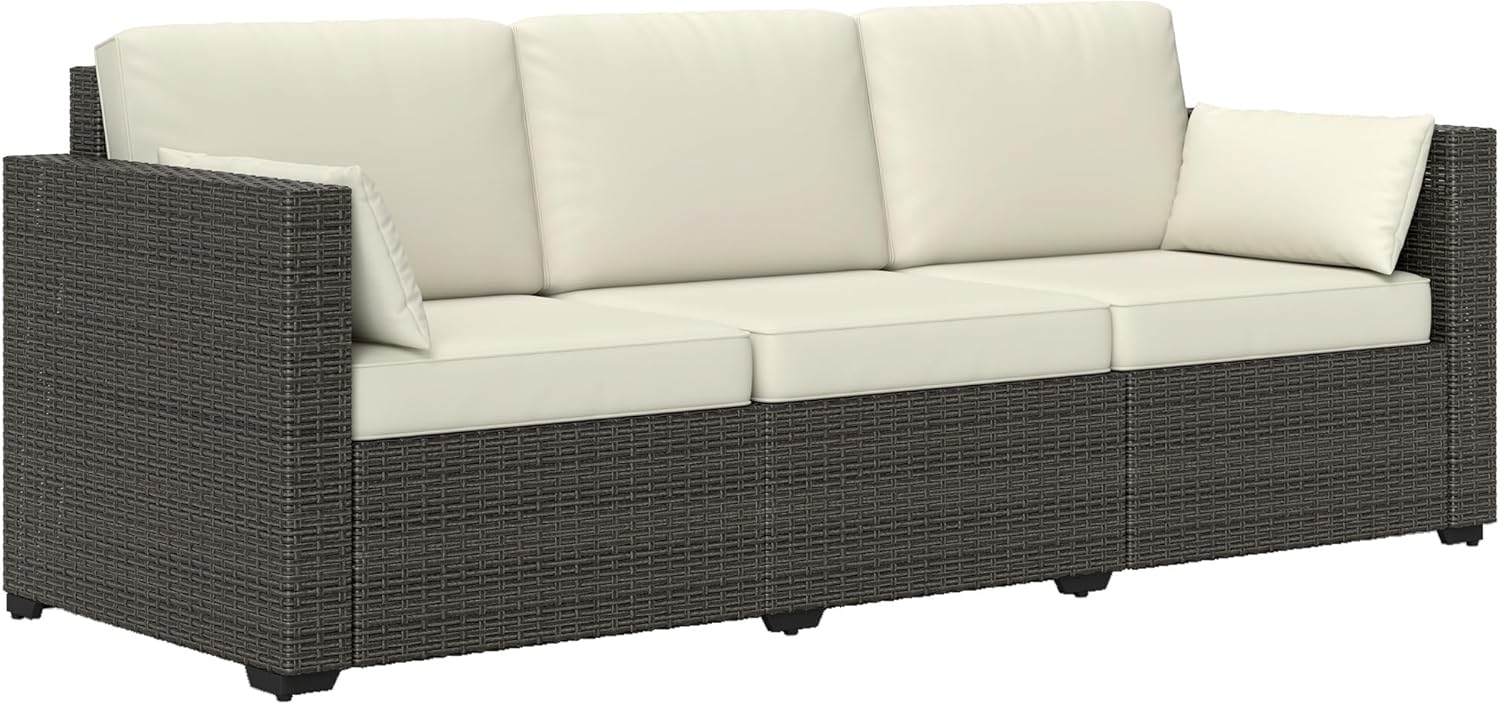 Outsunny Patio Couch PE Wicker Deep Seating Outdoor Sofa with Removable Cushions, 3 Seater Rattan Sofa, Outdoor Furniture for Balcony, Deck, Garden and Poolside, Cream White