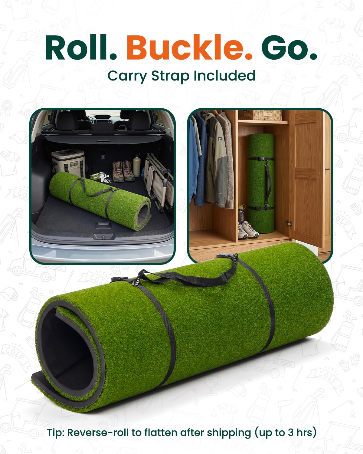 GIRAFFYCO Golf-Schlagmatte für Indoor und Outdoor, Golf-Trainingsmatte mit Tragegurt, 10 PU-Golfbällen und 9 Tees für Driving, Chipping und Schwungtraining