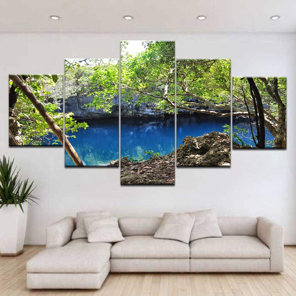 Decoración de salón con paisajes de naturaleza: lienzo grande de árbol verde sobre lago azul