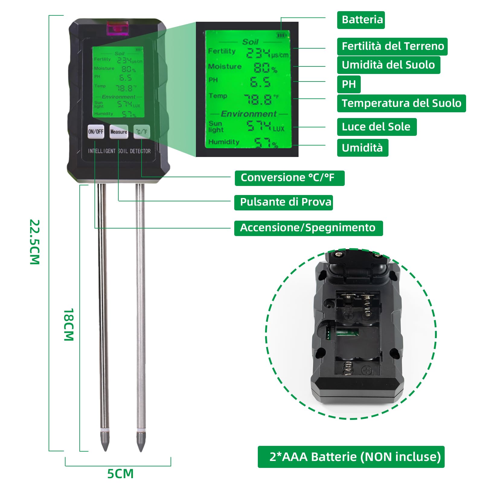 Misuratore PH Terreno 6 in 1,Igrometro Piante con Fertilità del Suolo/Umidità/pH/Temperatura/Luce Solare/Umidità Ambientale,Sensore Umidità Terreno per Giardinaggio,Prato,Agricoltura,Piante da Esterno