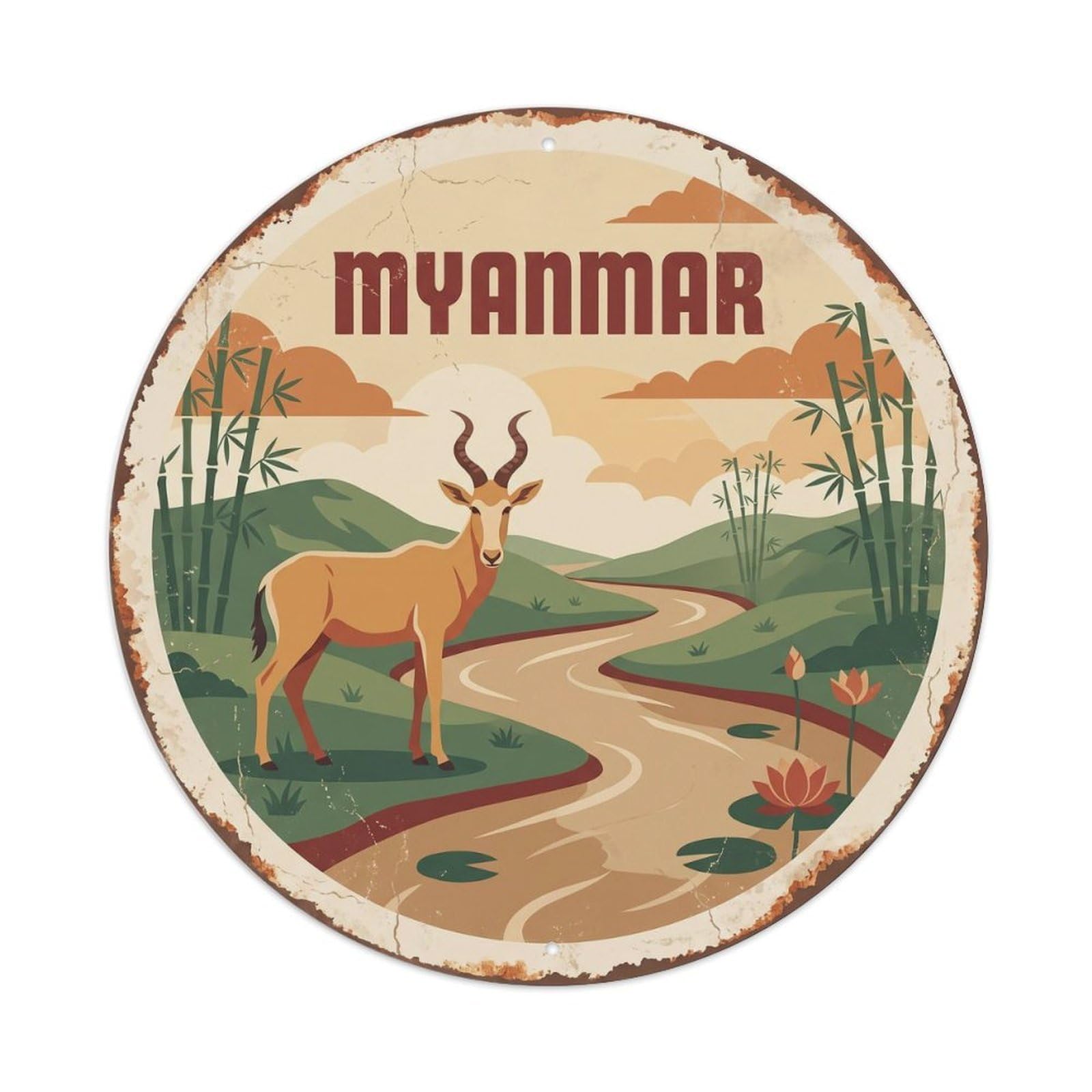 Myanmar Hartebeest River Valley Metal Tin Sign