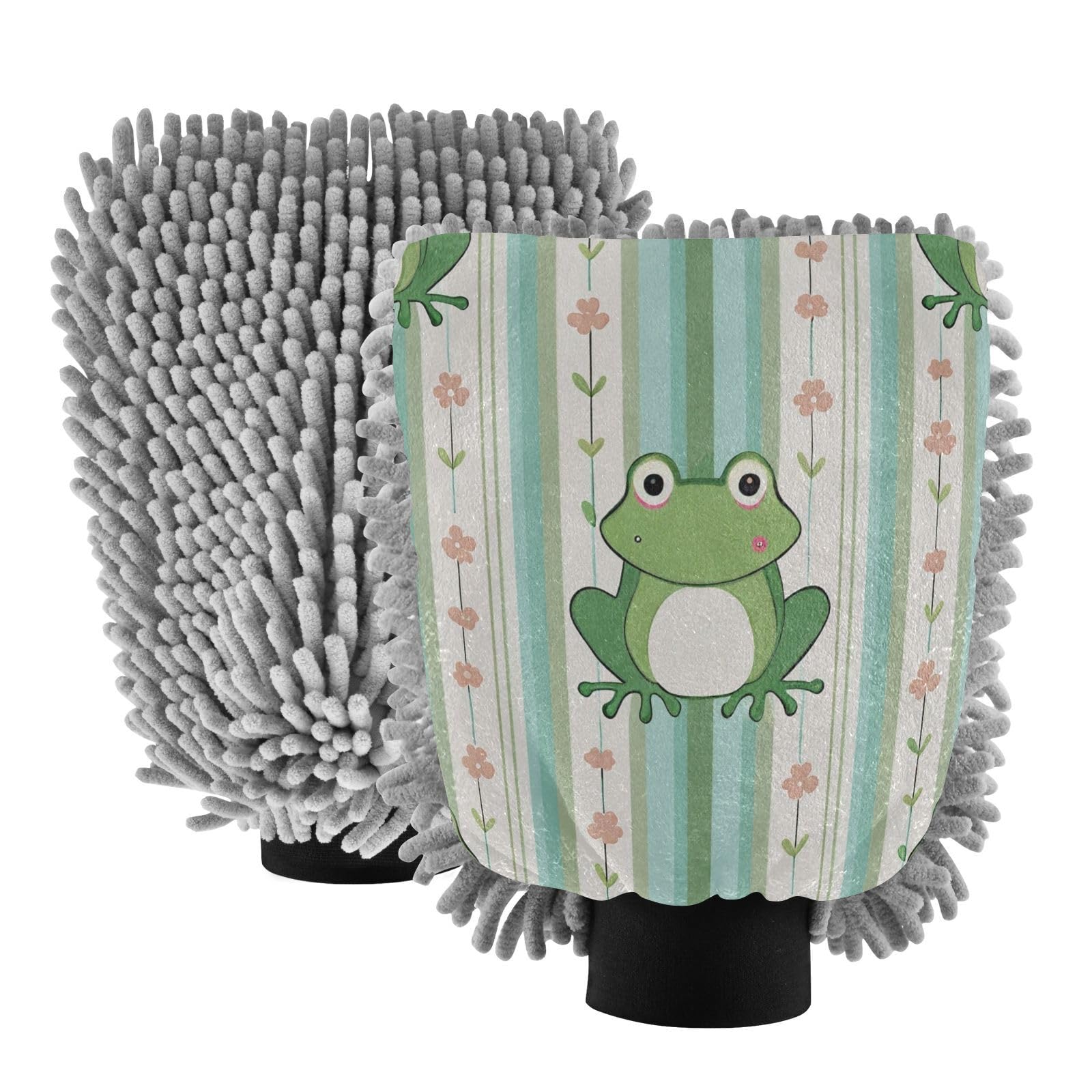 Flradish 2 Pack Frog Stripes Car Wash Mitt Chenille Microfiber Lint-Free Scratch Free Ultra-Soft Absorbent Car Wash Mitt 10.2x7.09 Inch
