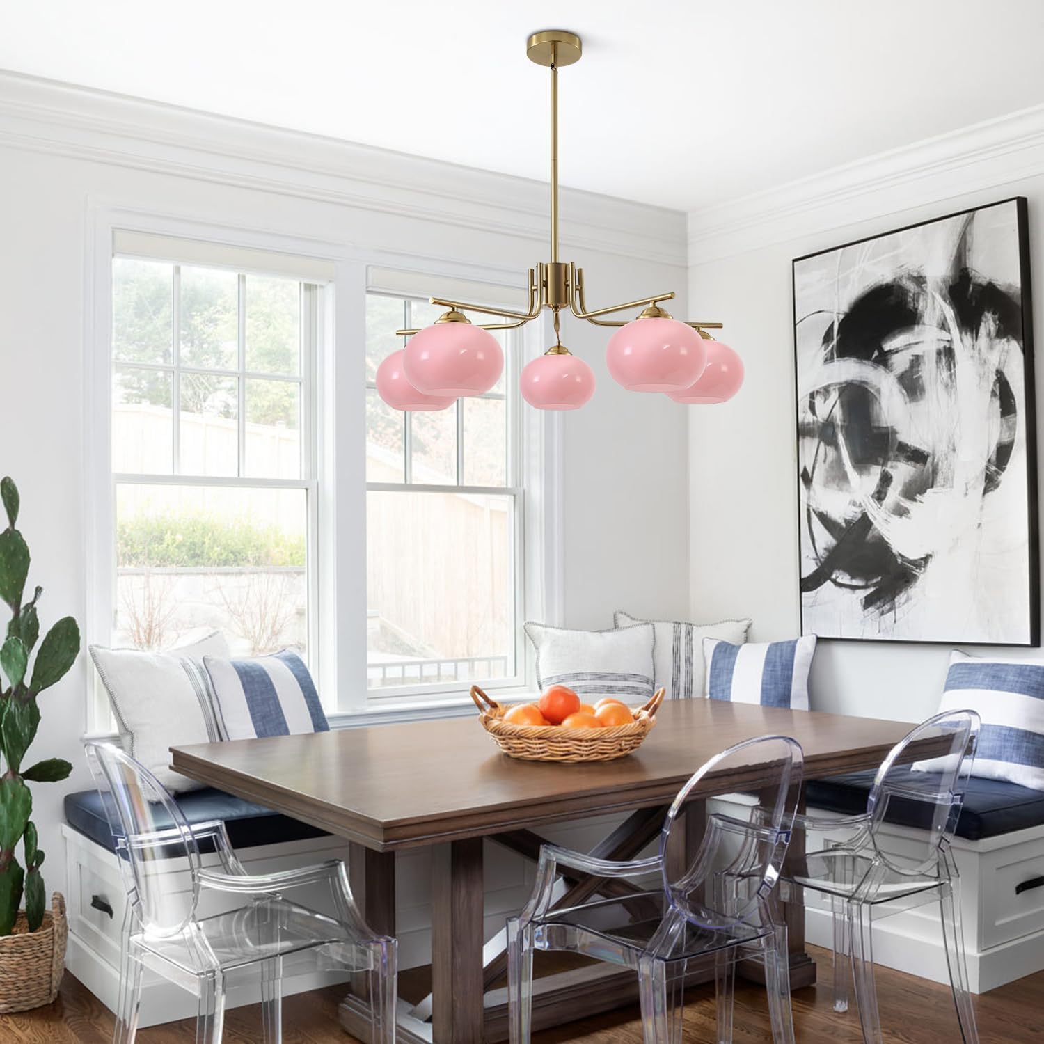 KCO Lighting Modern Pink Kronleuchter Rosa Glas Pendelleuchte 5 Lichter Gold Große Globe Kronleuchter Mitte Jahrhundert Unterputz-Deckenleuchte Leuchte für Esszimmer Küche Insel Wohnzimmer