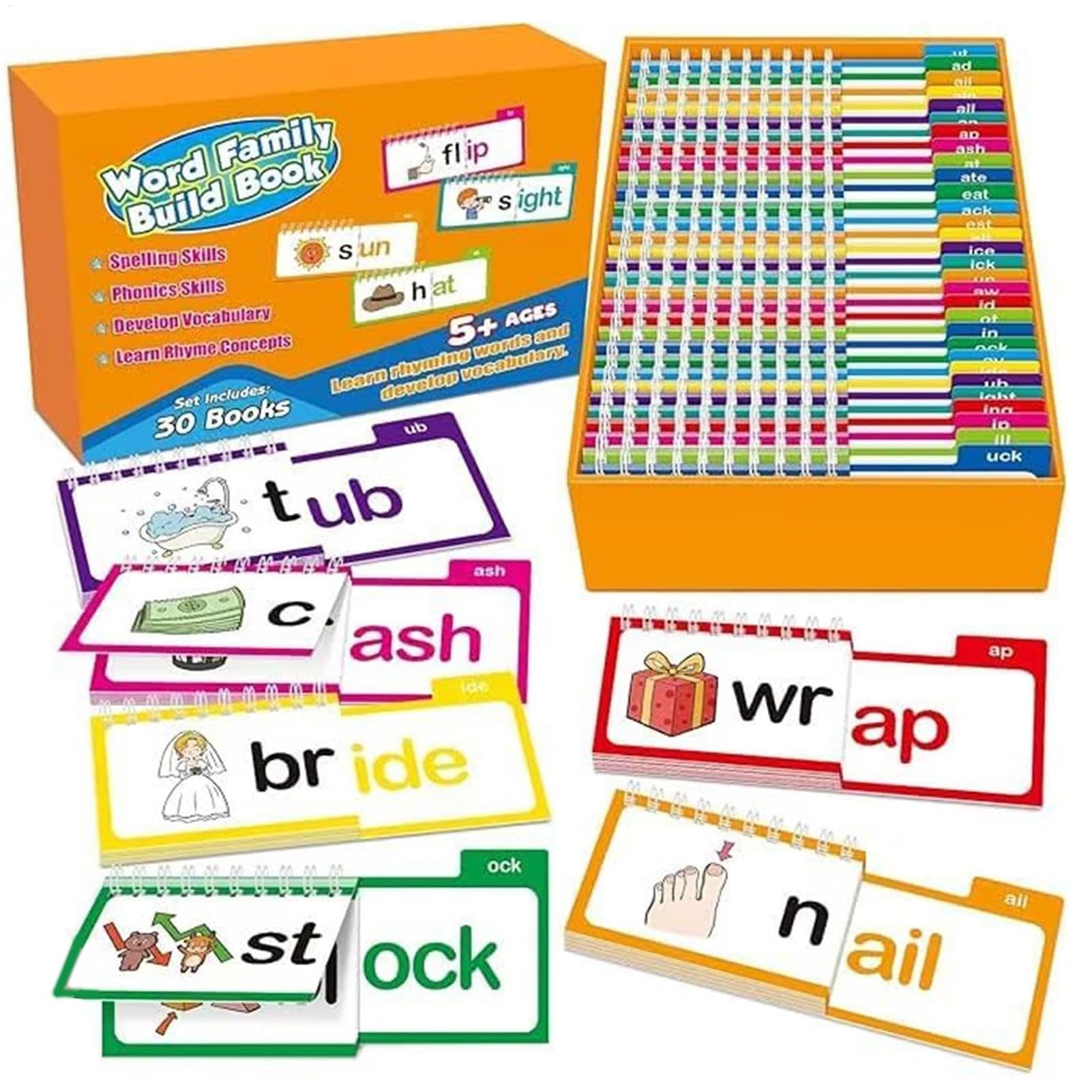 Word Family Build Book, 30 Lectura de Rhyming flipBooks Books, Word Family Build Book, Word Family flash cards, para Kindergarten Word Education Games Reading Games