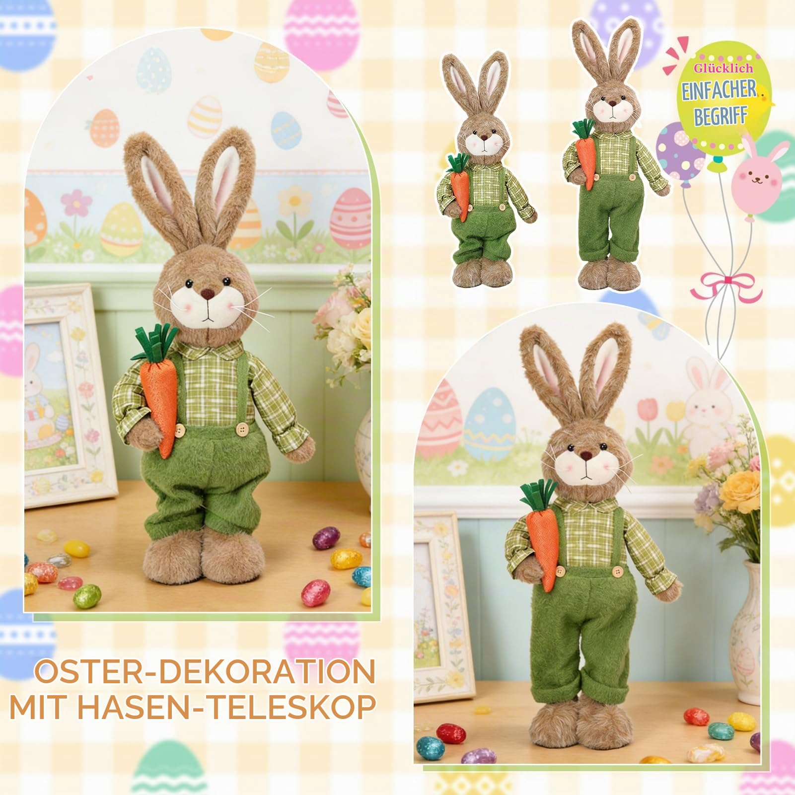 2 Stück Osterhasen Figuren, 61cm Plüsch Osterhase Deko Figur, Stehende Osterdeko mit Teleskopbeinen, Niedlich Ostern Deko Hase Moderne Frühlingsdeko Osterschmuck für Tisch, Zuhause Wohnzimmer