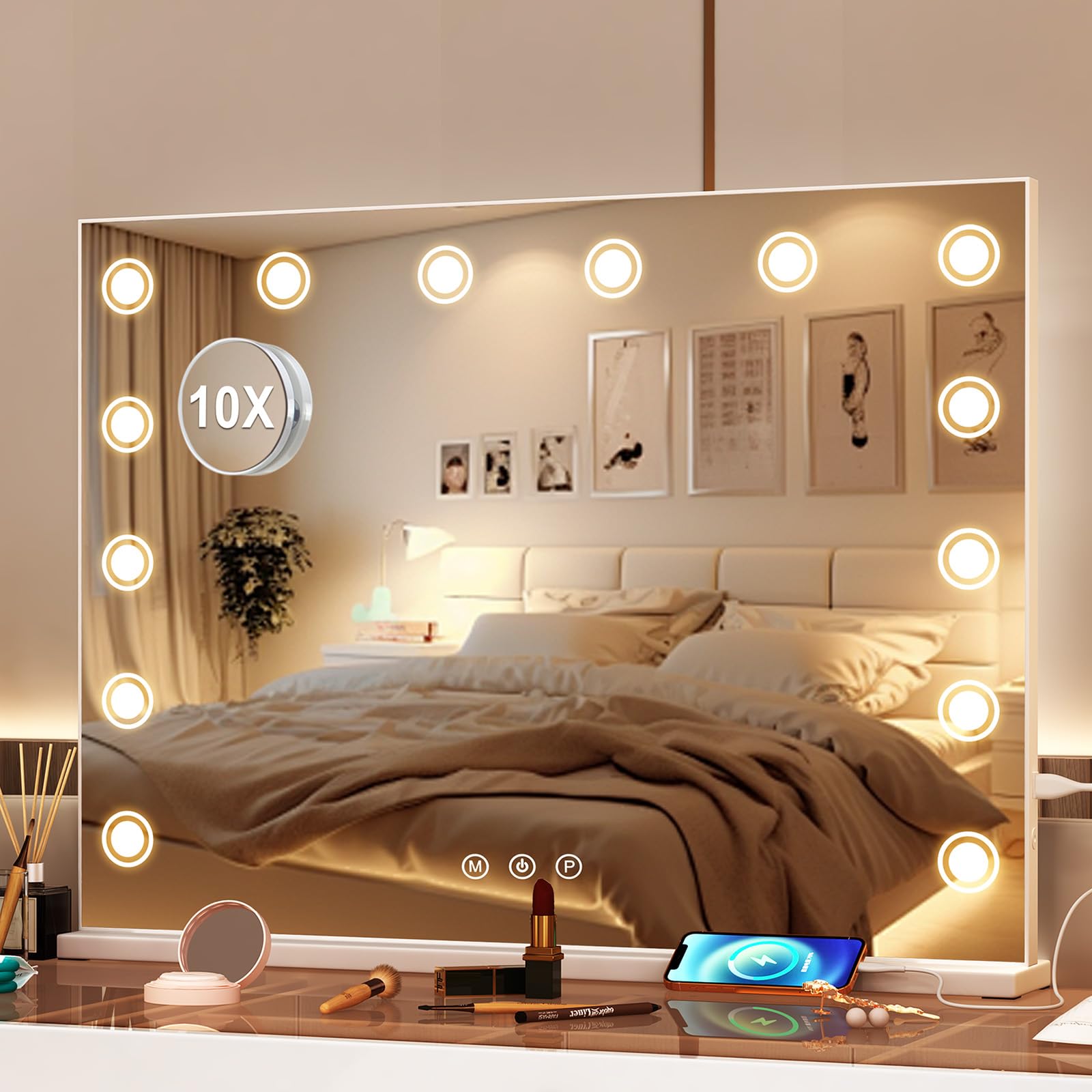 Puselo Espejo grande de tocador Hollywood con luz, 3 colores regulables, espejo 5X desmontable, puerto de salida USB, montado en mesa o pared (80 x 60 cm)