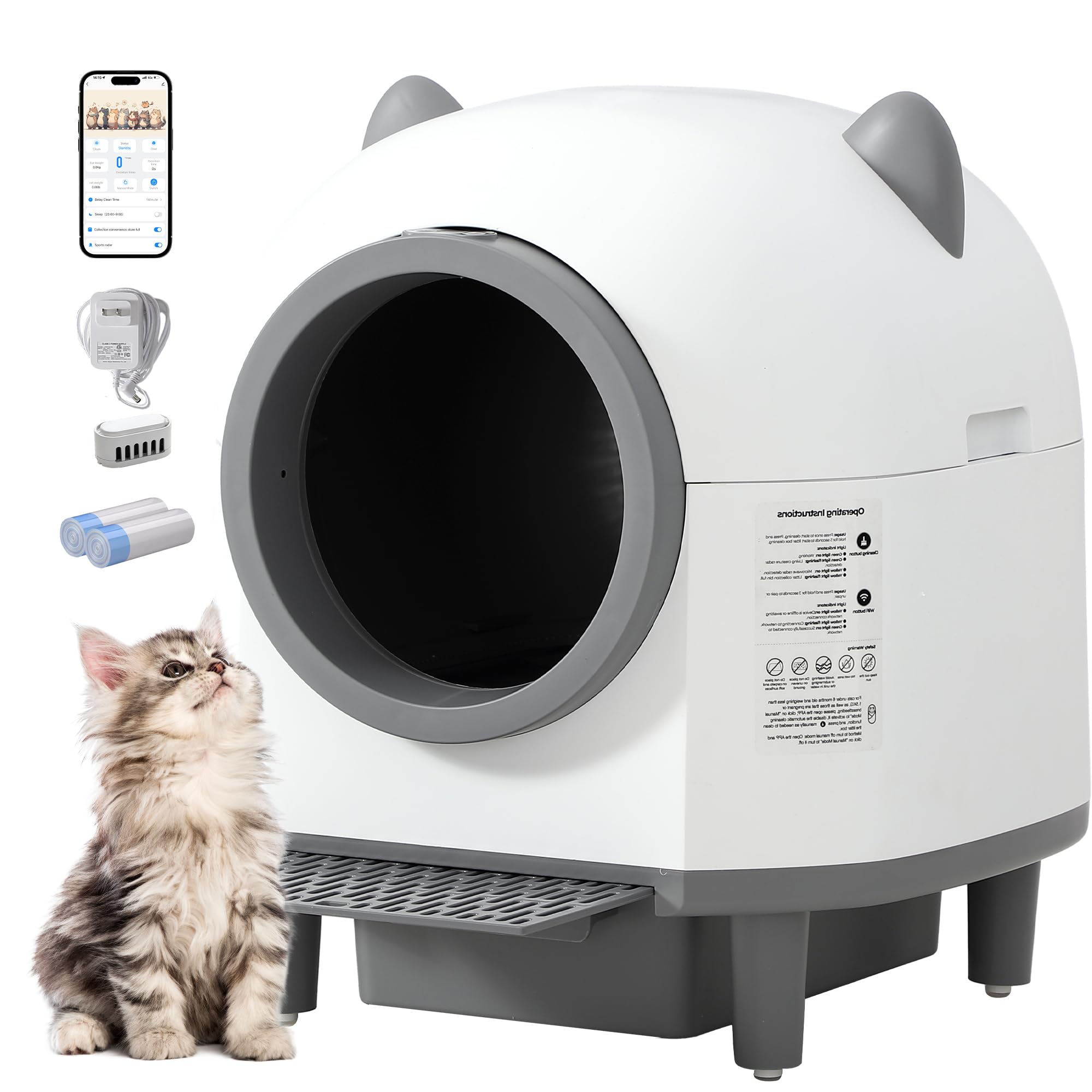 Automatic Cat Litter Box, Self Cleaning Litter Box with APP Control for Multiple Cats, Large Robot Kitty Litter Box with Safety Sensors, Odor Removal, 2 Roll Garbage Bags, 90L Cat Ears Design