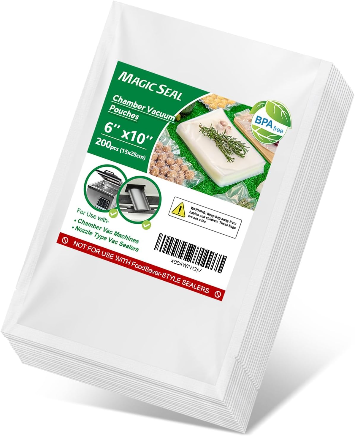 MAGIC SEAL Chamber Vacuum Sealer Bags for Food – 200 Pint 6'' x 10'' Pre-Cut Vacuum Chamber Pouches for Storage, Meal Prep and Sous Vide, BPA-Free Heavy Duty Smooth Bags