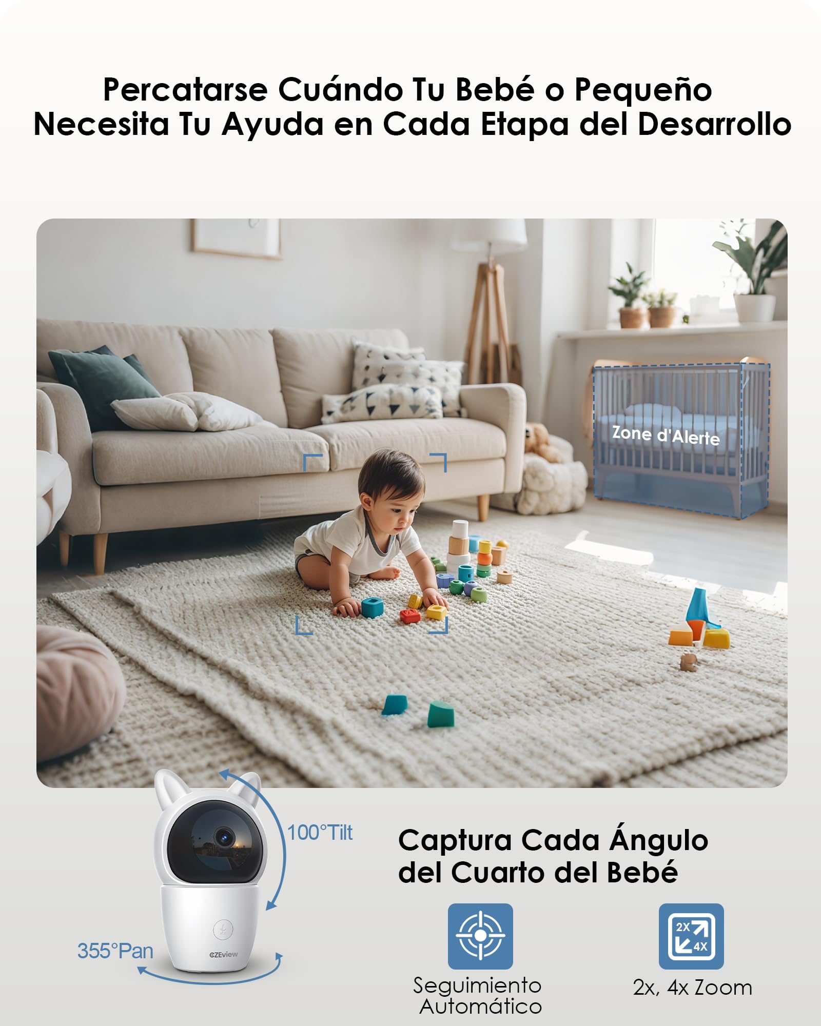 CZEview 5.0”/2K Camara Vigilancia Bebe, 360° PTZ Vigilabebes con Camara, Detección de Movimiento/Ruidos, Audio de 2 Vías, Visión Nocturna, Control de Monitor y Movil (Blanco y Negro)