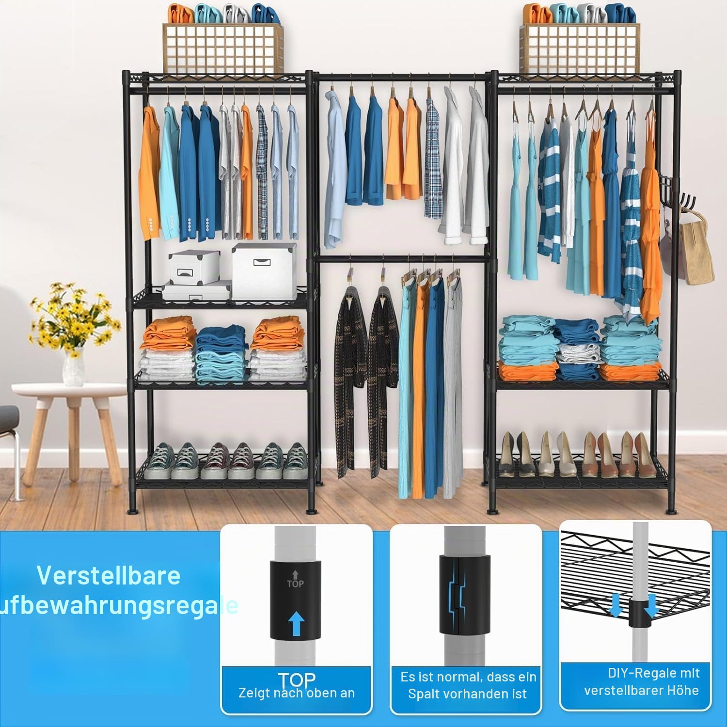 VyGrow Schwerlast Kleiderstände zum Aufhängen von Kleidung, Kleiderständer mit 4 Aufhängestangen & 7 Regalen, 175 cm Lx39.9 cm Bx194.1 cm H, (Schwarz)