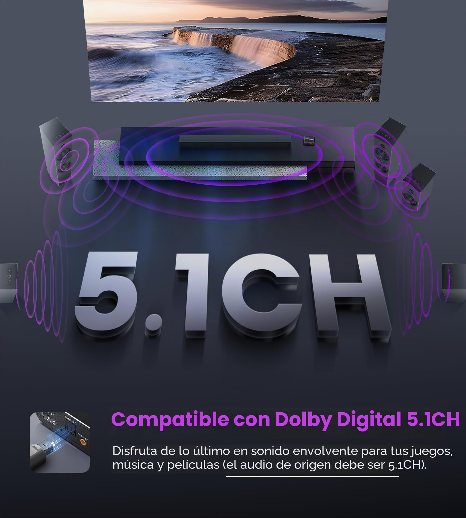 Extractor de Audio HDMI ARC 4K 60Hz - Convertidor HDMI a SPDIF Óptico Toslink + AUX 3,5mm - Divisor para HDCP2.2 Digital PCM DTS 5.1