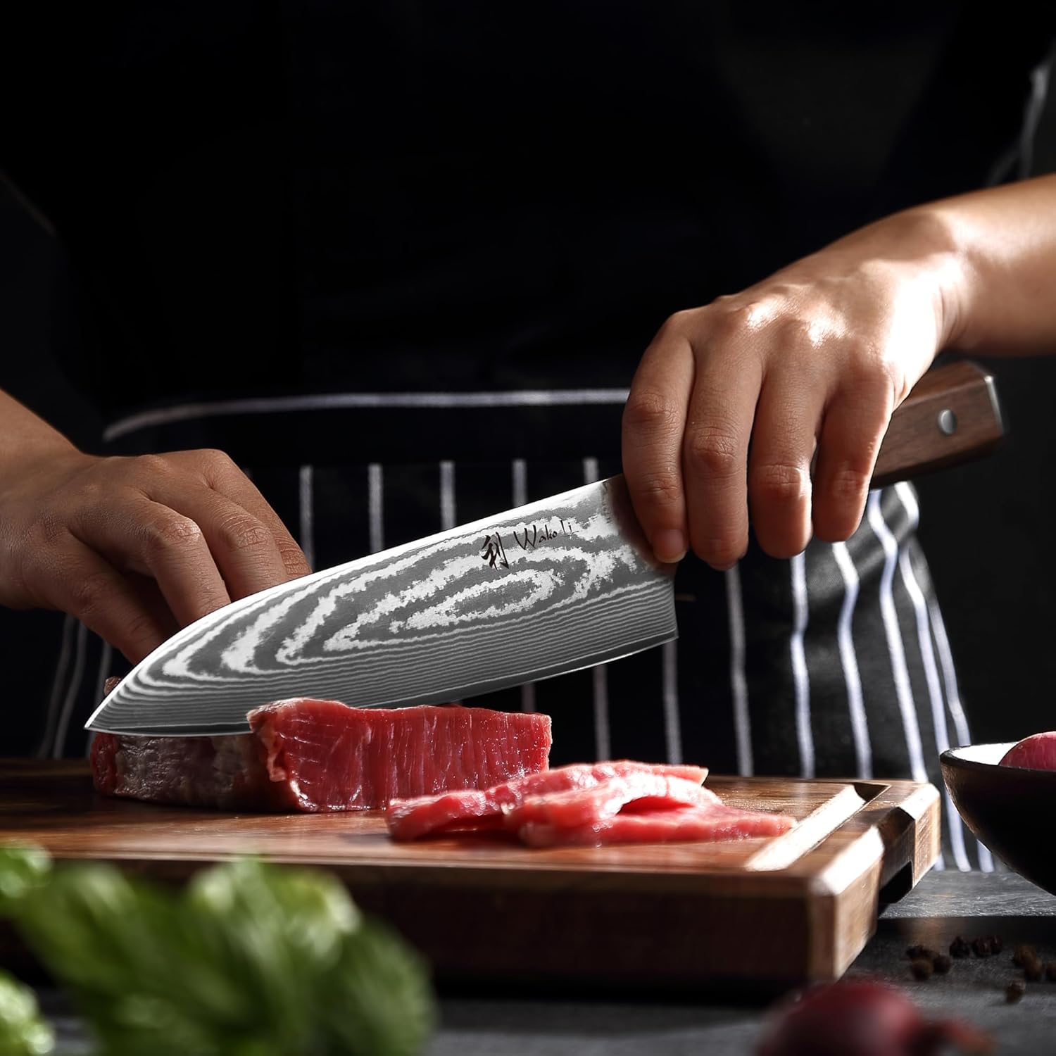 Wakoli HIK Damascus Chef Knife – Full Tang Kitchen Knife | 8-Inch Blade Made of 67-Layer Damascus Steel with VG10 Core | Walnut Wood Handle | Sharp, Durable, Gift Box Included