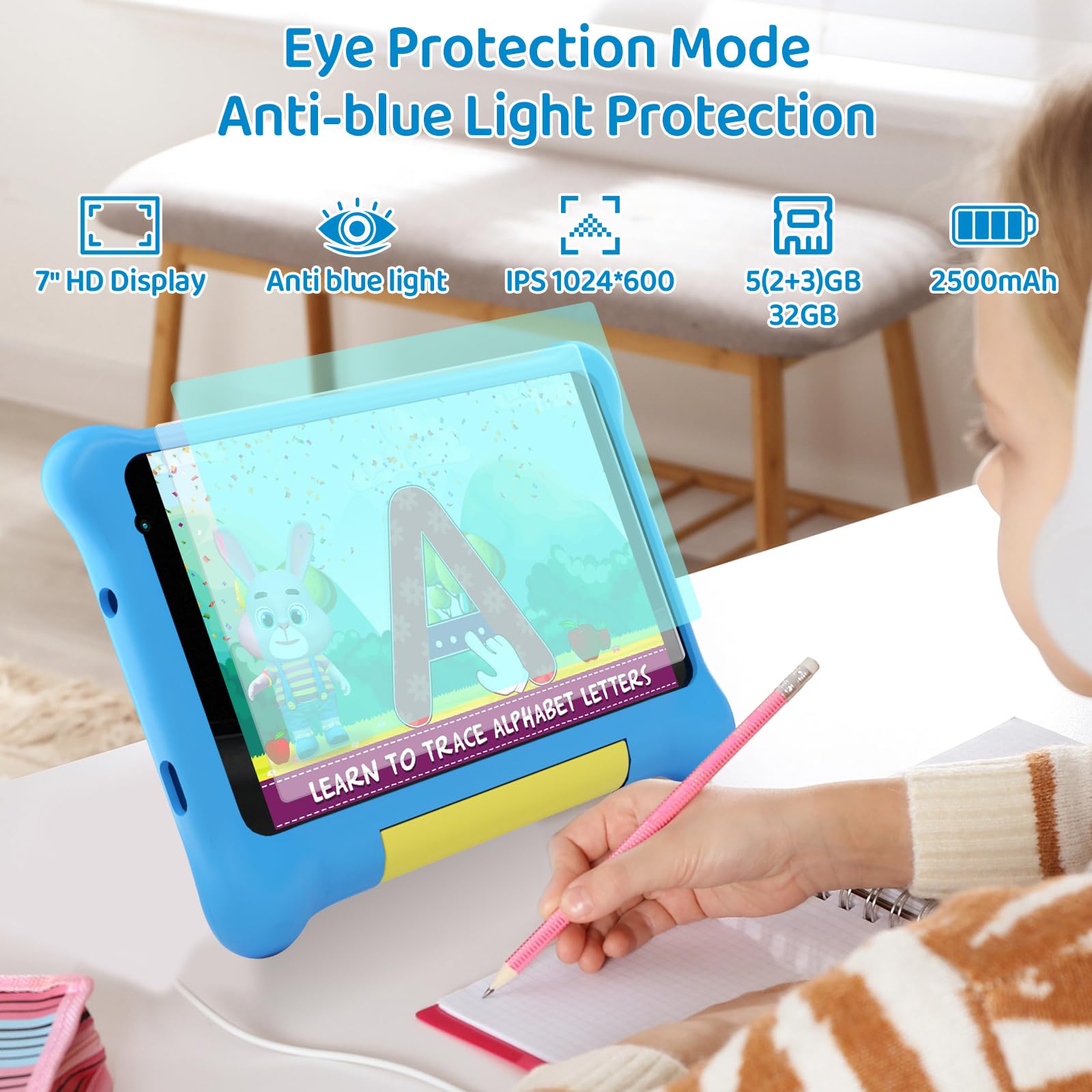 Android 13 Tablet Bambini 7 pollici, Tablet per Bambini 5 GB+32 GB