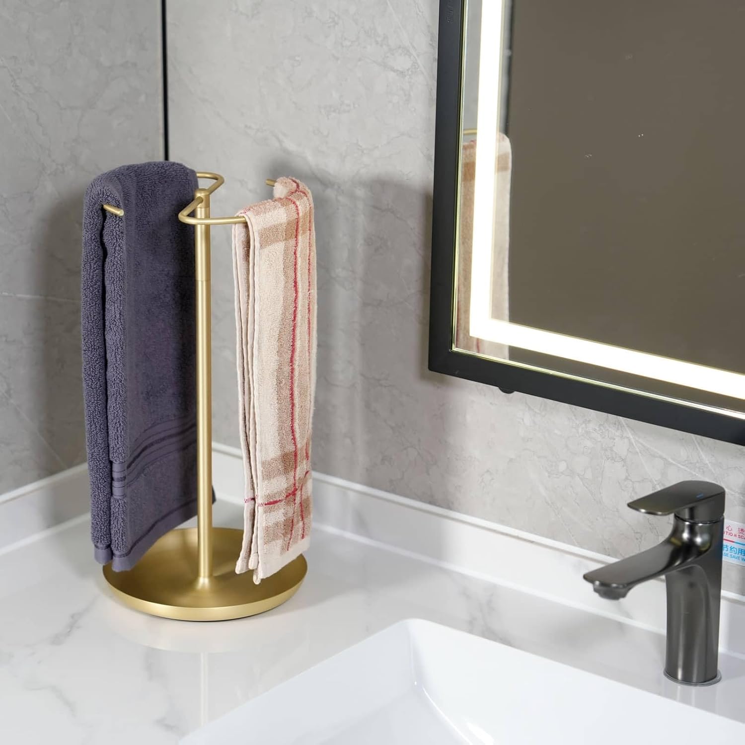 simpletome Towel Holder Stand Countertop with Storage Tray Non-Slip Weighted Base for Bathroom (Brushed Gold)