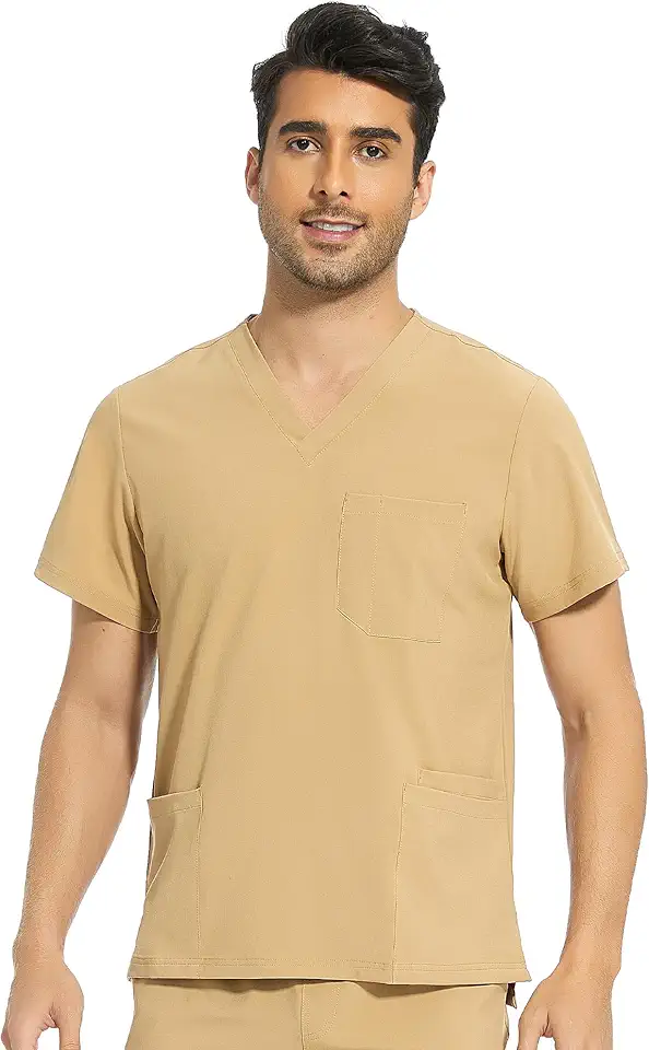 Blusa de uniforme hospitalar masculina – Scrubs com gola V elástica com 3 bolsos, antirrugas