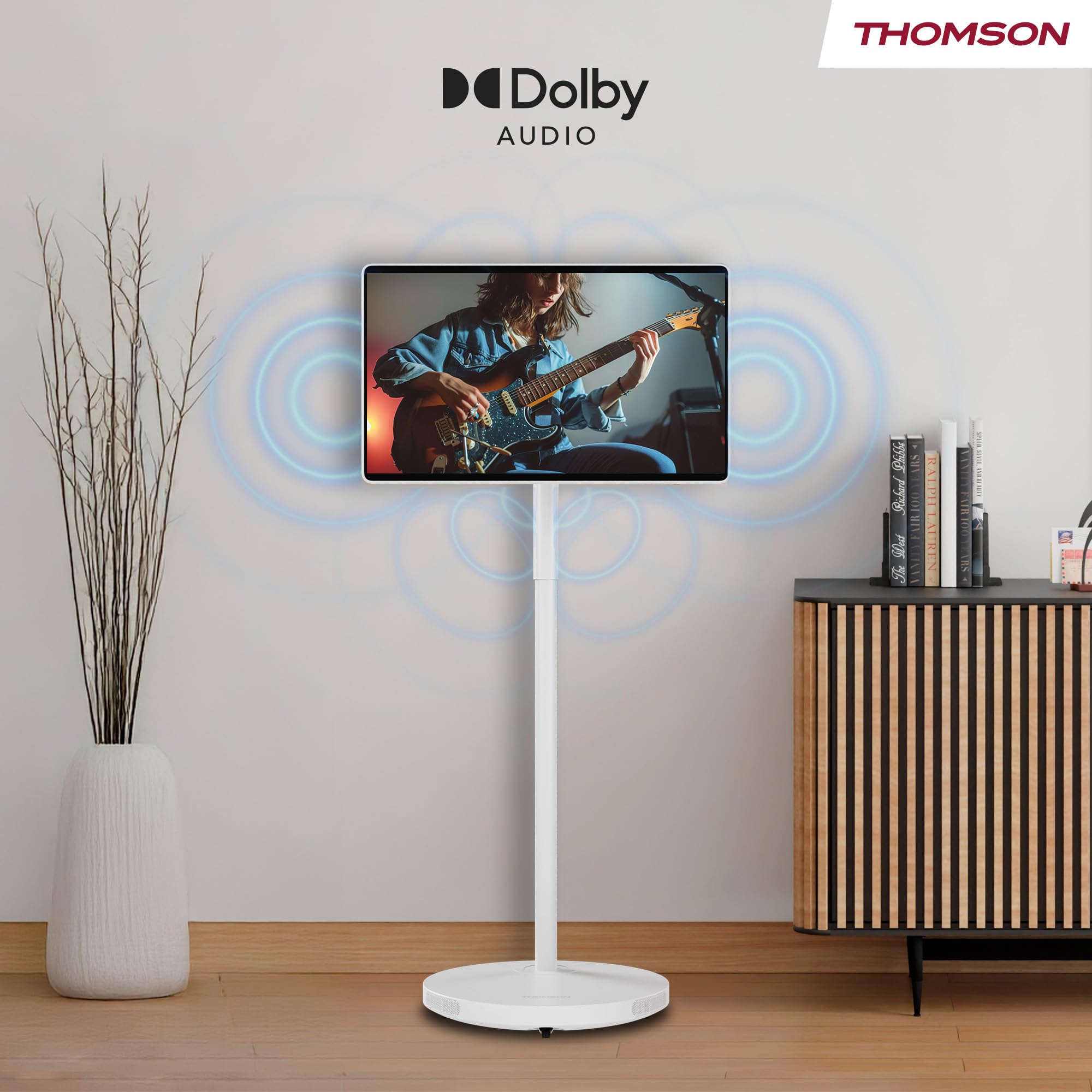 Thomson Go Plus Pro 27 Zoll (69 cm) 4K UHD Smart Touch Display, Android, Sprachsteuerung, Hotspot, 9000 mAh Akku, 5MP Kamera, Subwoofer, WiFi 6, Bluetooth, Tragbarer Ständer -27UE7M45- Weiß