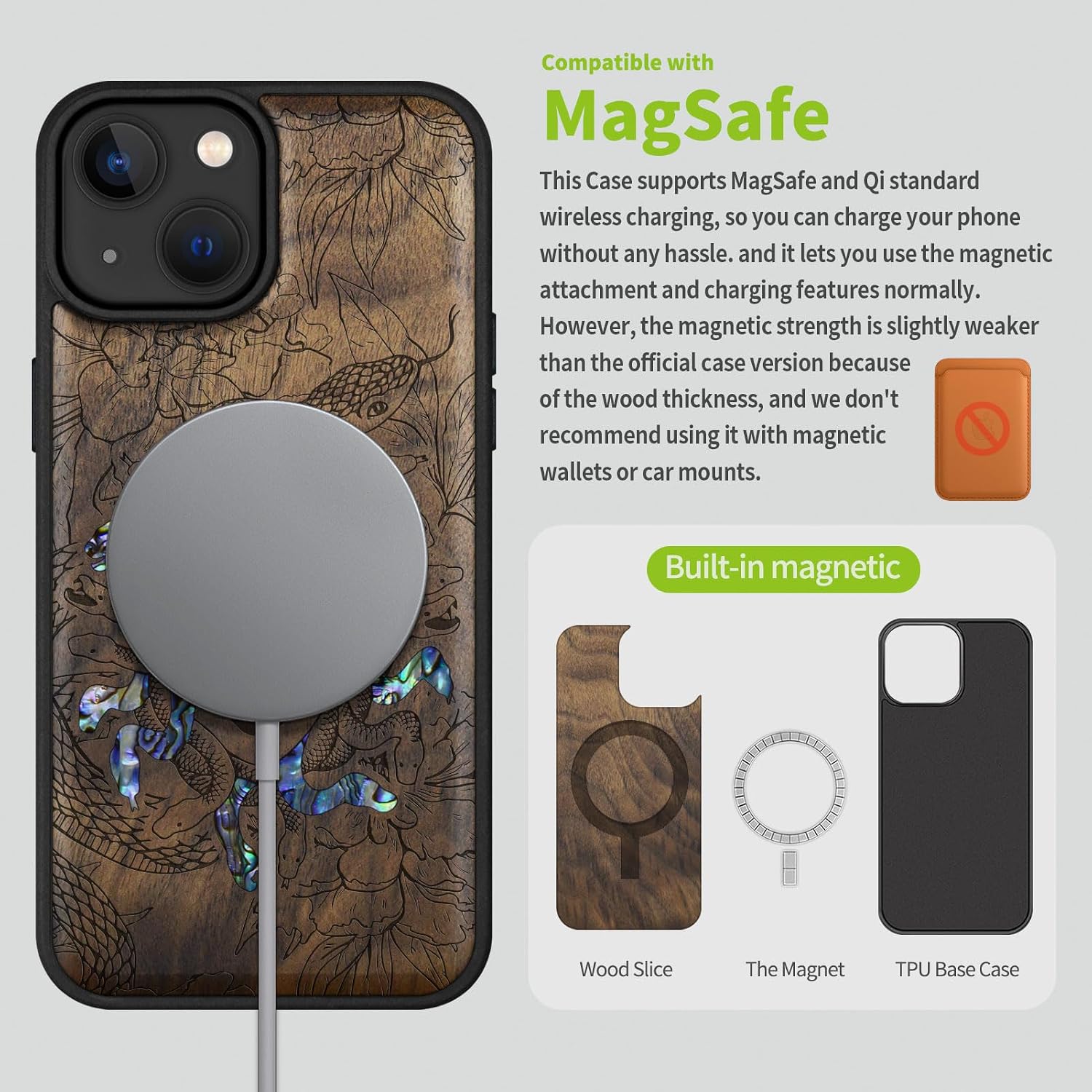 Carveit Designer Wooden Protective Magnetic Case for iPhone 14 Case [Wood Engraving & Shell Inlay] Compatible with iPhone 14 MagSafe (The Medusa Enigma-Walnut)