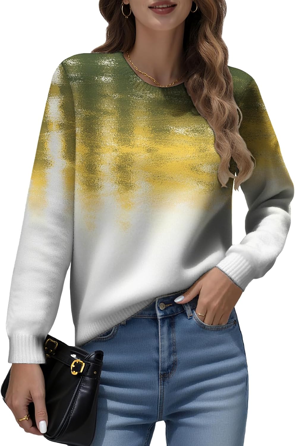 LIZALIG Womens Long Sleeve Print Pullover Sweater Round Neck Relaxed Fit Soft Comfortable Chic Fall Fashion Trendy