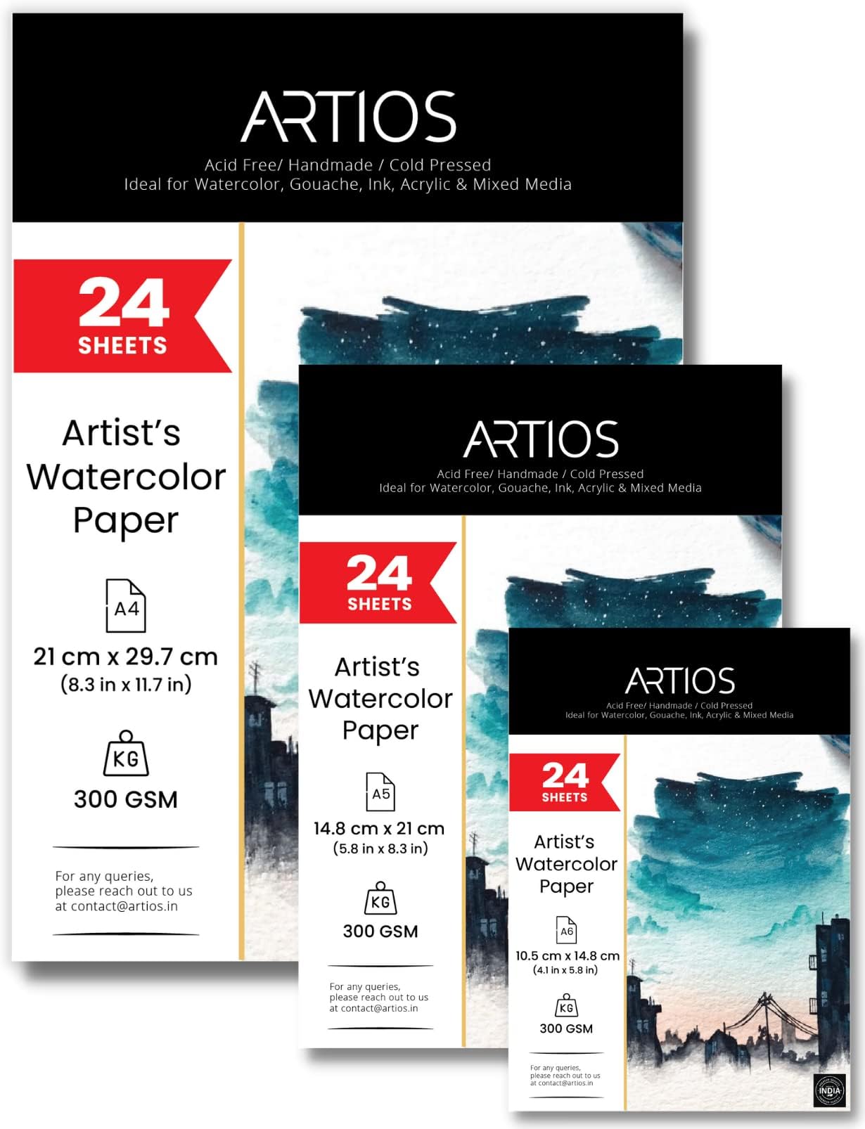 ARTIOS Artists' Watercolor Paper Combo - A4 (24 Sheets) + A5 (24 Sheets) + A6 (24 Sheets) 300 GSM 100% Cotton, Cold-Pressed, Handmade Papers for Watercolour, Acrylic, Gouache, Ink & Mixed Media