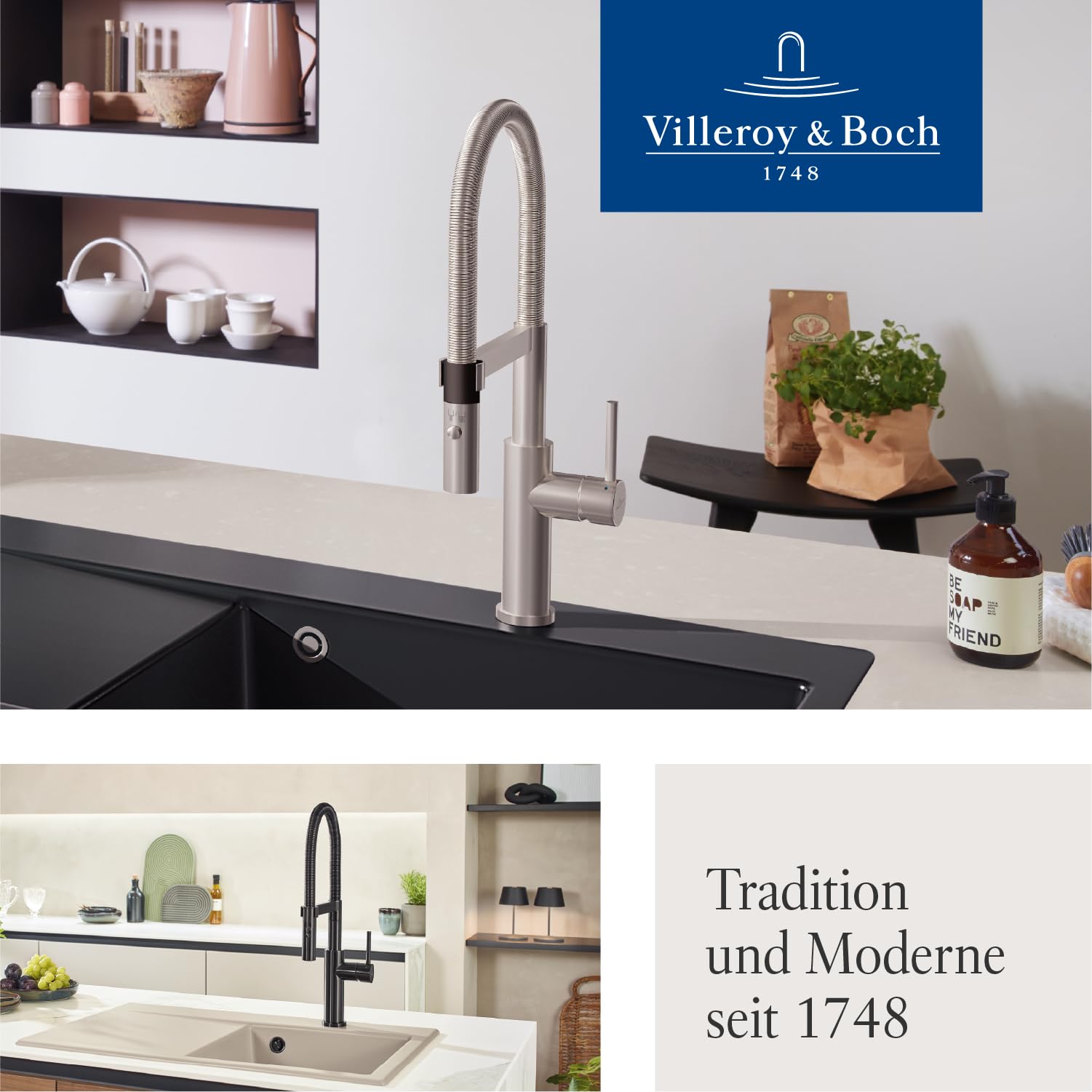 Villeroy & Boch Steel Expert 2.0 Küchenarmatur, Hochdruck, Wasserhahn Küche mit Umschaltfunktion und schwenkbarem Auslauf, Spültischarmatur wassersparend, Auslauf Höhe 170mm, Edelstahl massiv