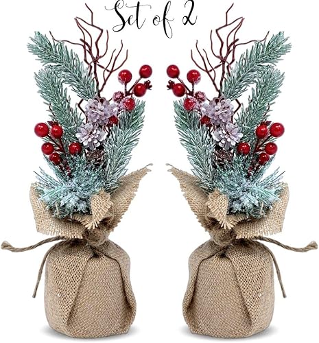 Miniatura 6 de Árboles de Navidad de mesa, juego de 4 pinos con bayas rojas y arpillera, decoración de árbol de Navidad flocado de 11 pulgadas