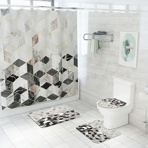 Amazon 4個シャワーカーテンセット ラグ付きバスルームセット 12フック付き トイレの蓋カバーセット 滑り止めラグ付きバスマット 浴室用 防水型 Color 5 Size 71 71 シャワーカーテン ホーム キッチン オンライン通販