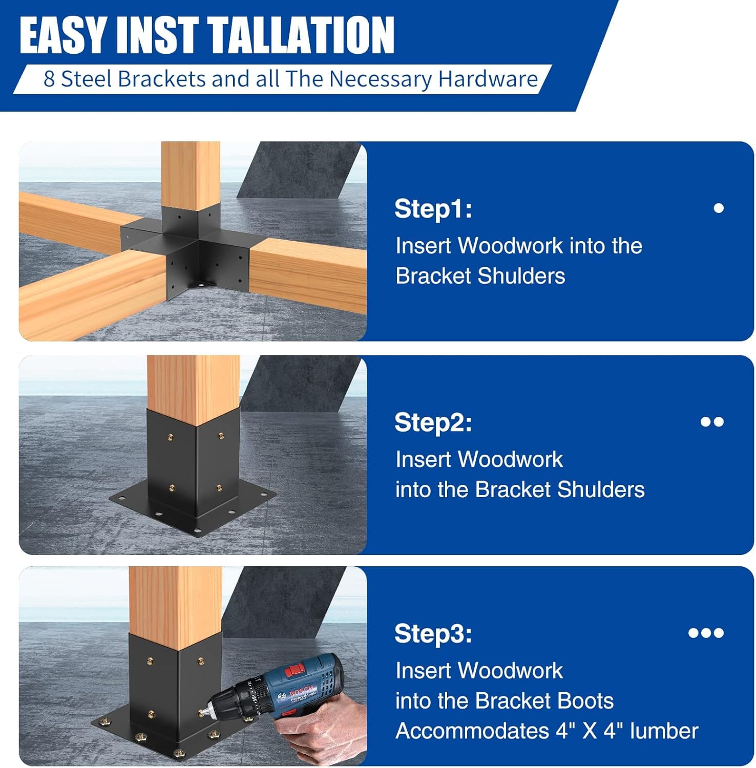 Kit Staffe Per Pergola 4x4 In Acciaio - 2 Staffe A Spalla + 2 Stivali - Per Legno 10x10 Cm - Fai Da Te