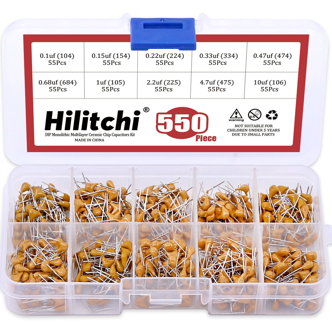 Hilitchi 550Pcs 0.1uF-10uF DIP Monolithic Multilayer Ceramic Chip Capacitors Assortment Kit (550)