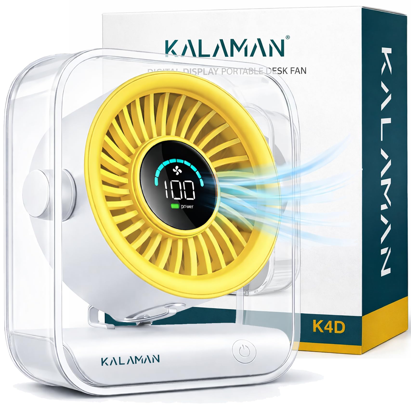 KALAMAN Ventilador de escritorio, ventilador de mesa silencioso de 4000 mAh con flujo de aire turbo, pantalla digital de 6 velocidades e inclinación ajustable de 30°, ventilador portátil con batería