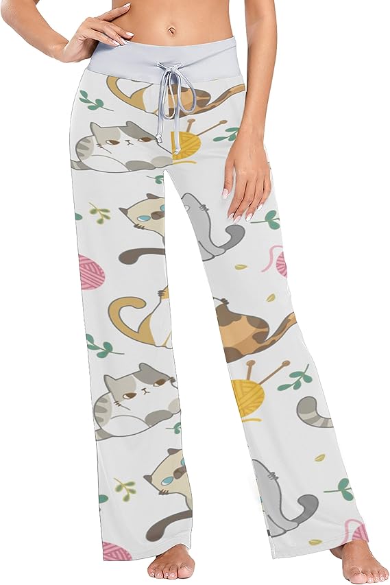 SGFDH Pajamas Pants Cute Cat Knitting Yarn Ball Teen Pajama Pants