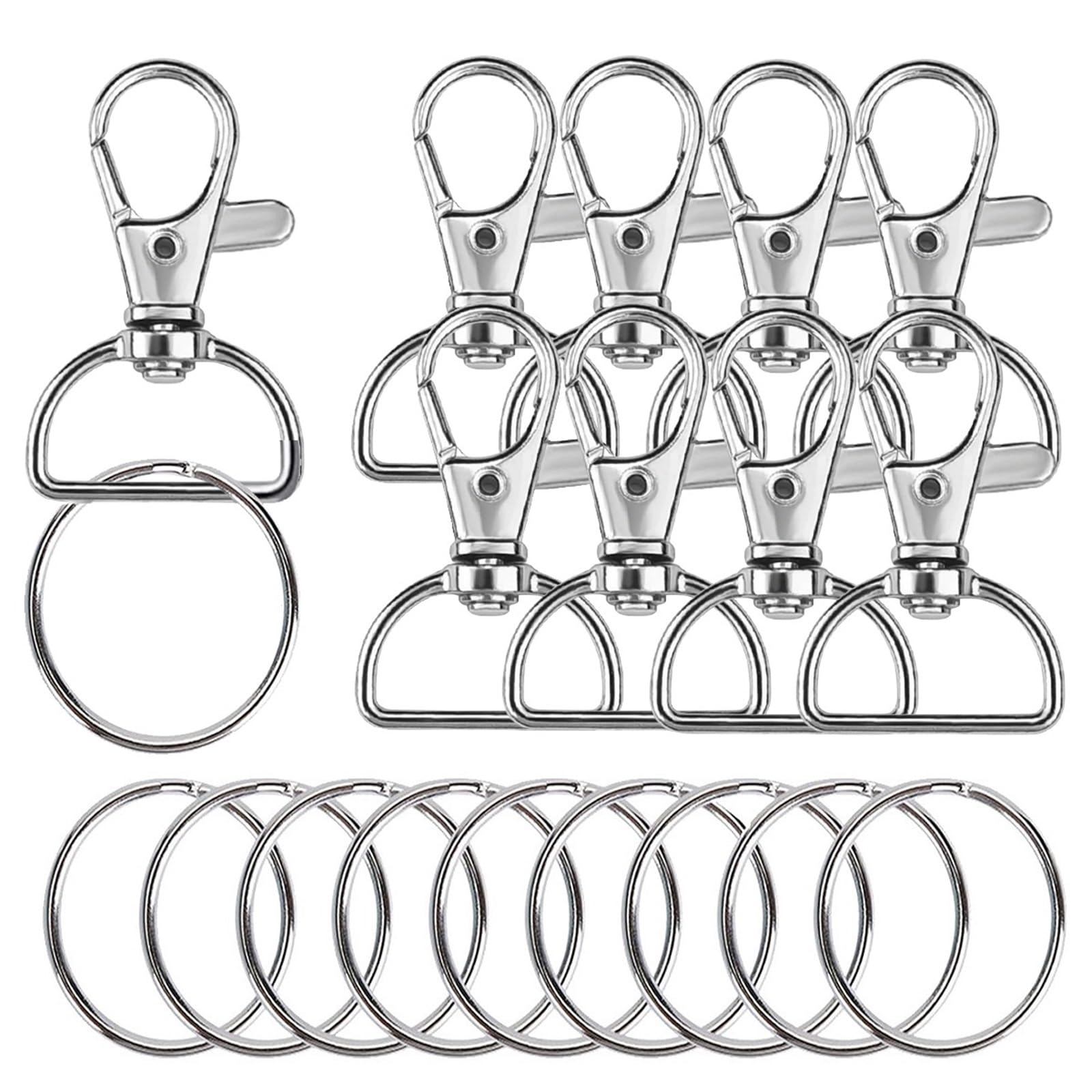 Clip para llavero, 200 unidades, gancho de clip para llavero con llavero, manualidades, clip de anillo en D, accesorios de cordón, adecuado para hacer llaveros (plata)