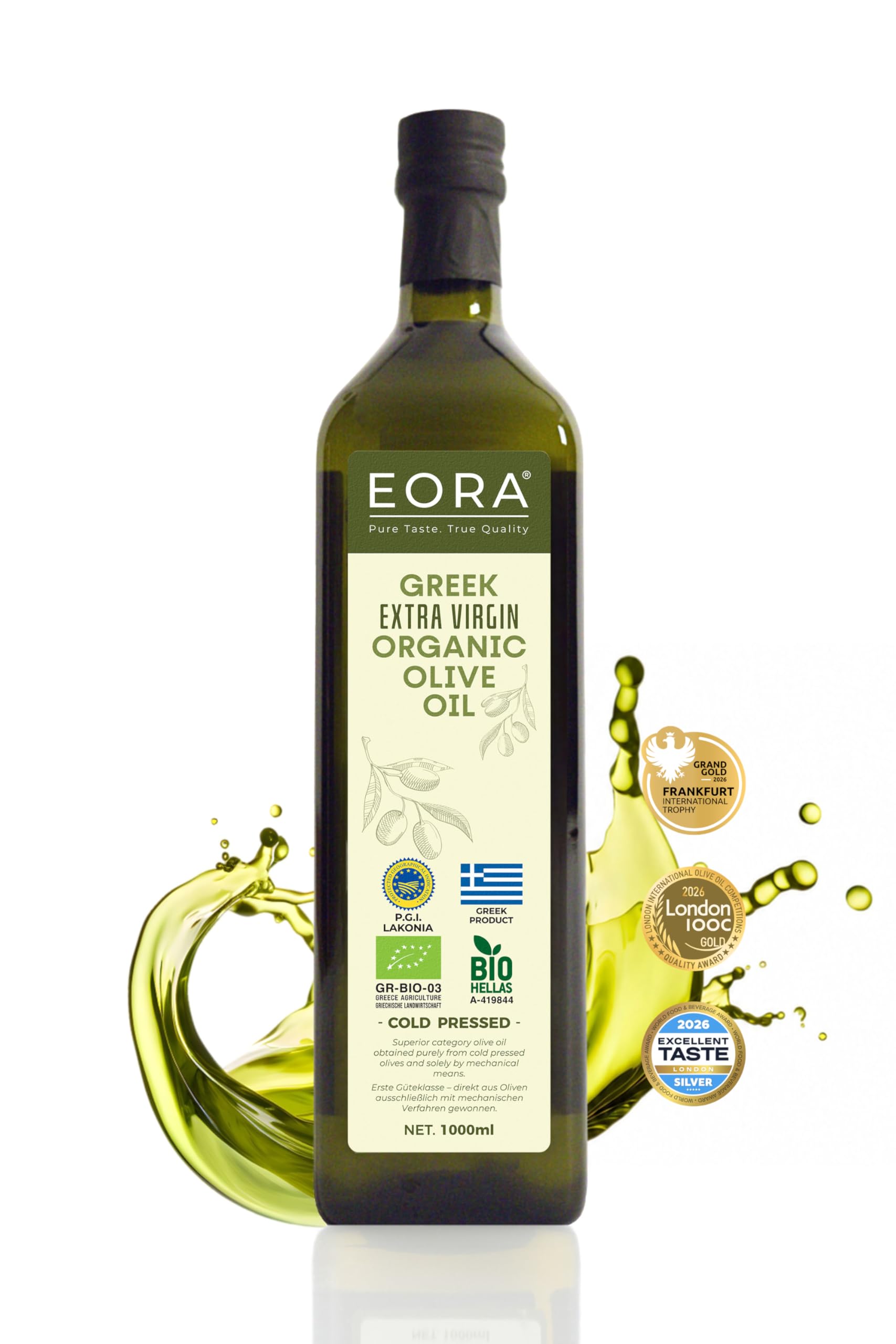 EORA Huile d’Olive Extra Vierge Grecque Bio Premium 1L (Nouvelle Récolte 25/26) – Haute teneur en polyphénols, extraite à froid, très faible acidité ~0,3% – origine unique IGP Lakonie, Grèce
