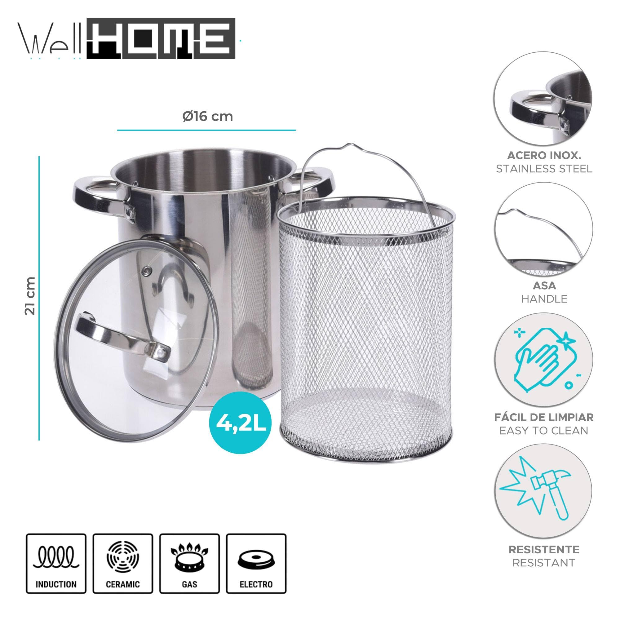 Well Home Casserole à asperges en acier inoxydable Ø16 x 21 cm de fond encapsulé et couvercle en verre