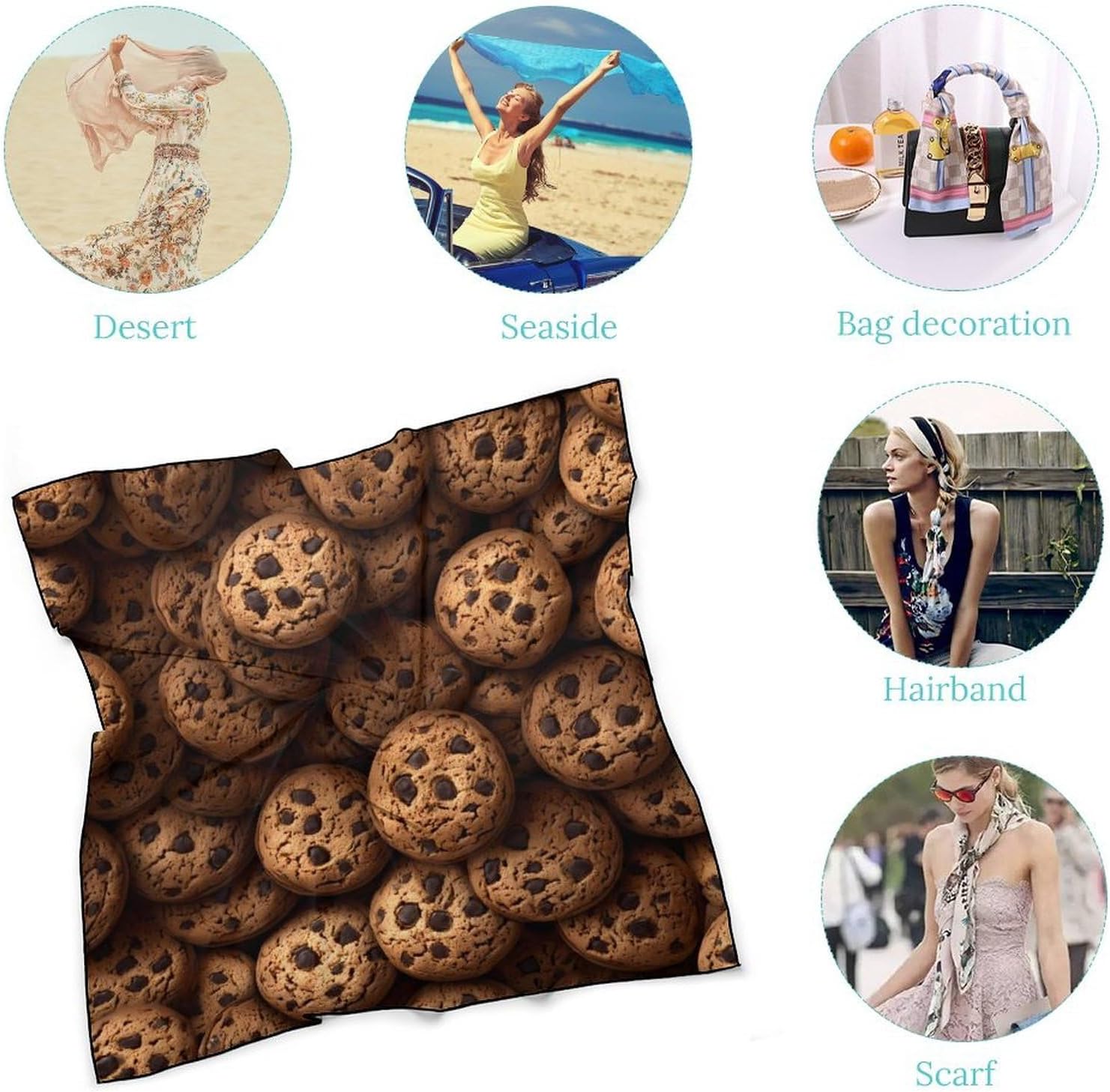 Chocolate-Chips-Cookies Silk-Like Square Scarf for Women Vintage Printed Neck Scarf Bandanas Hair Scarves