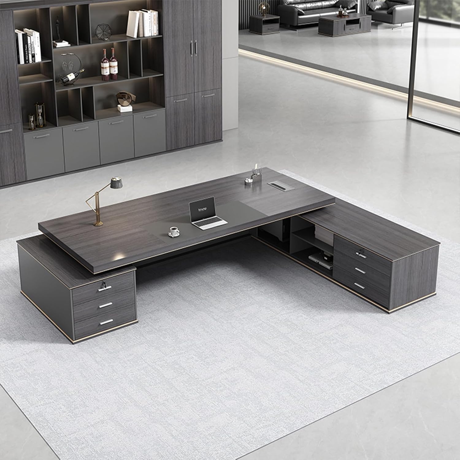 102" Wood Black Executive Office Desk Computer Desk with Lateral Cabinet Writing Study Table Business Furniture Set for CEO Boss